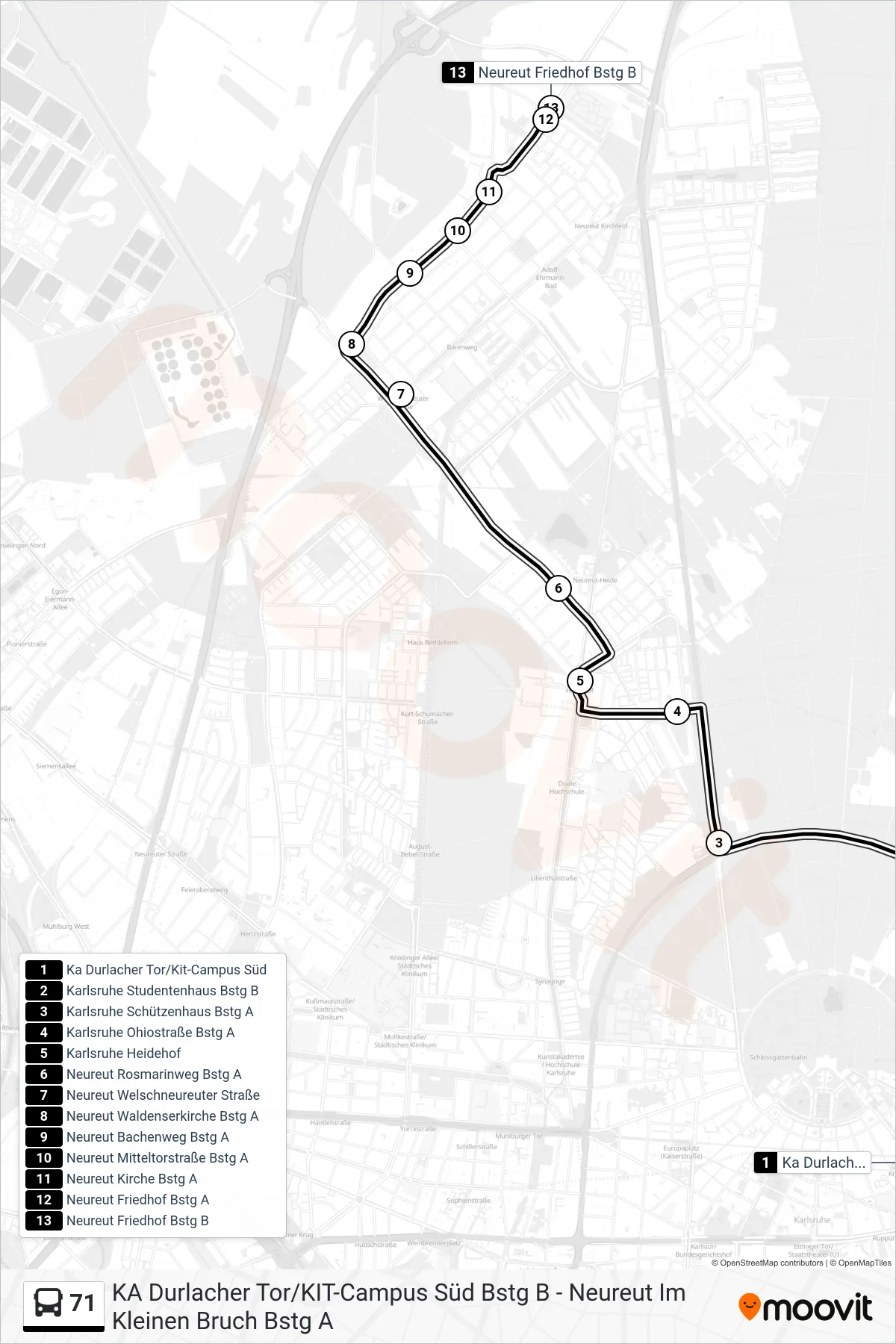71 bus Line (Neureut Friedhof) route and stops on a map