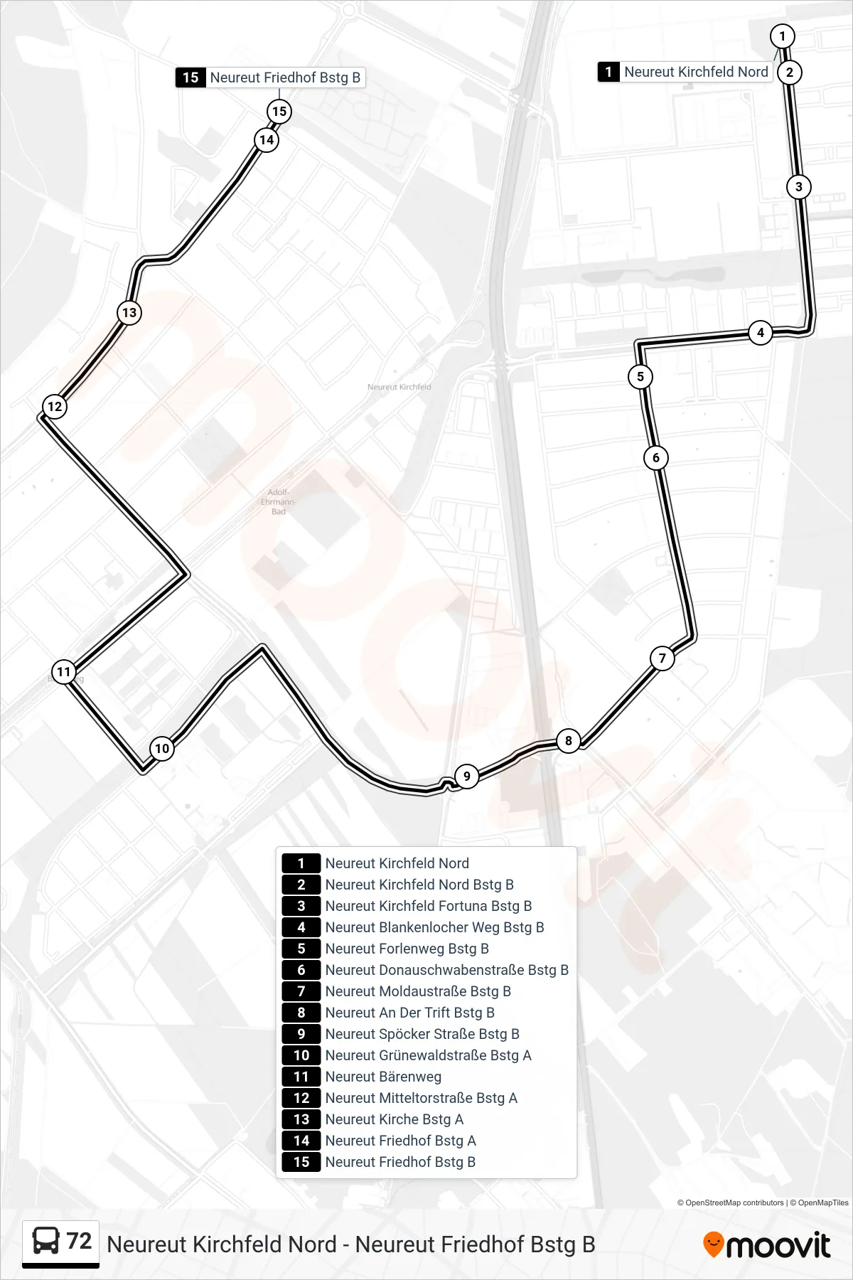 72 bus Line (Neureut Friedhof) route and stops on a map