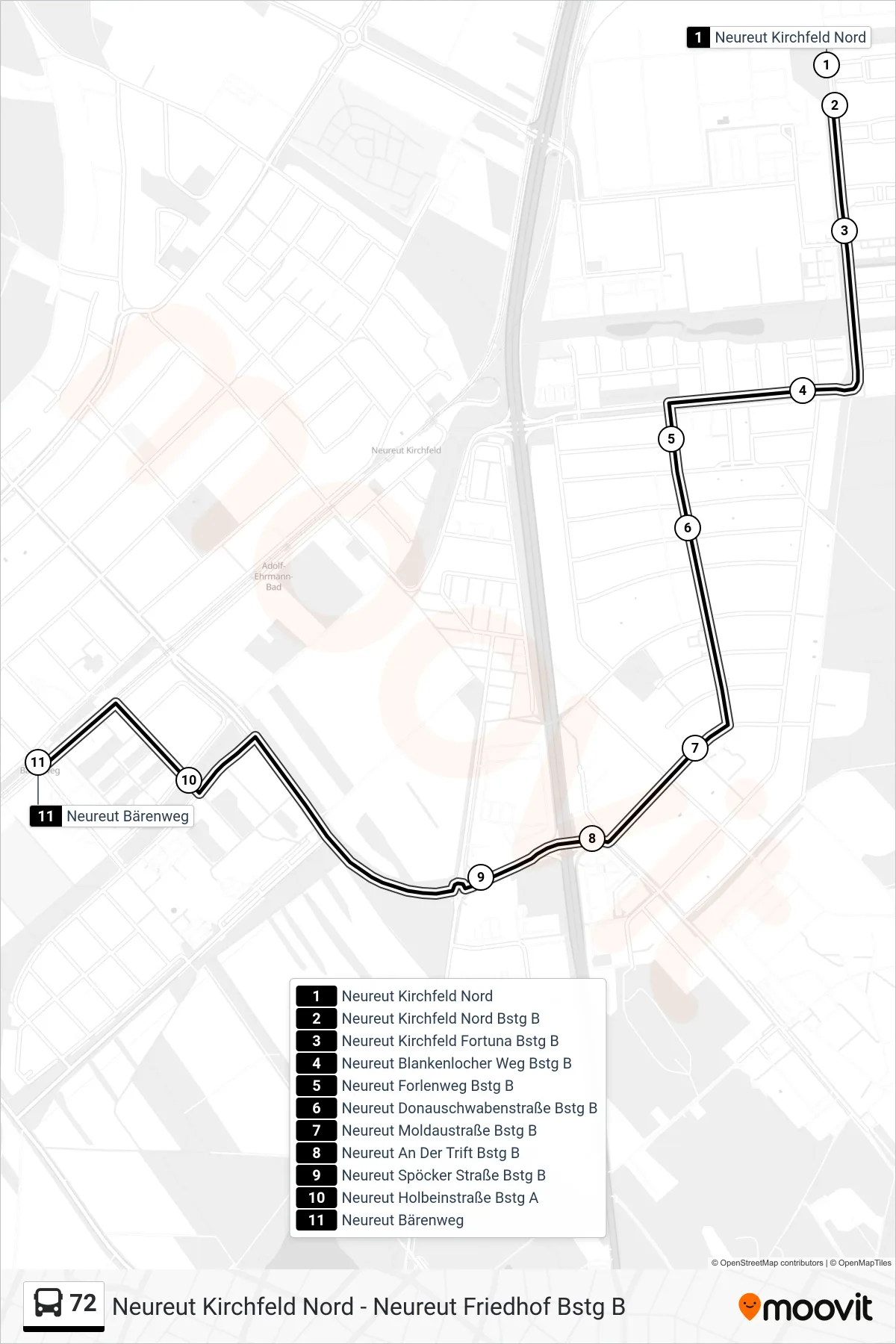 72 bus Line (Neureut Bärenweg) route and stops on a map