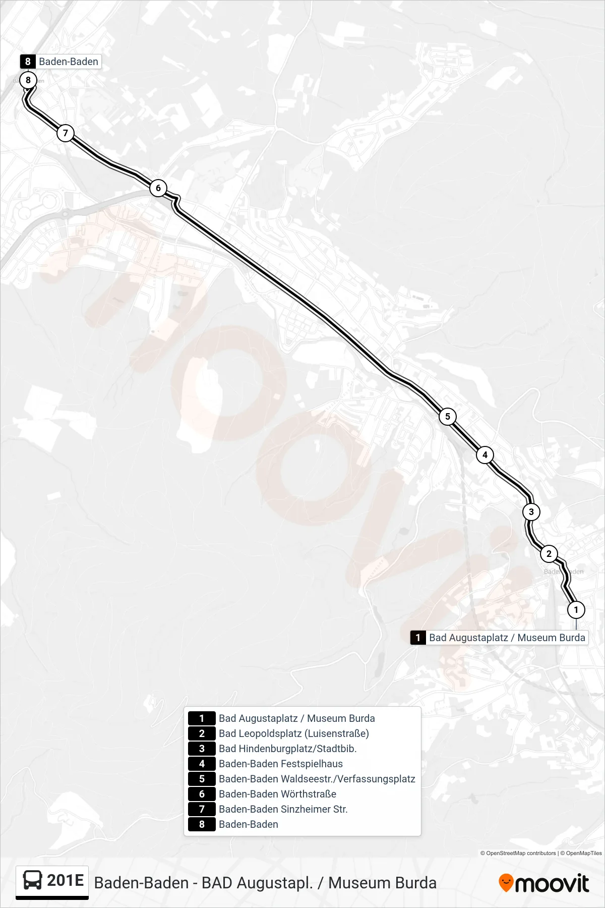 201E bus Line (Baden-Baden) route and stops on a map