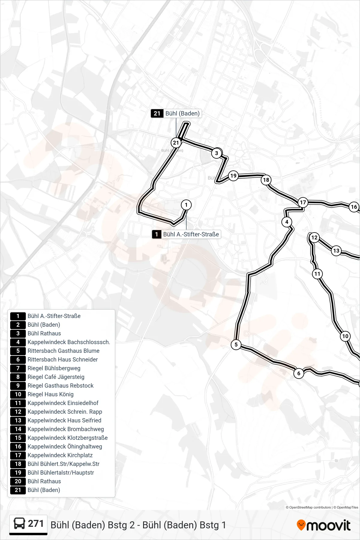 271 bus Line (Bühl (Baden)) route and stops on a map