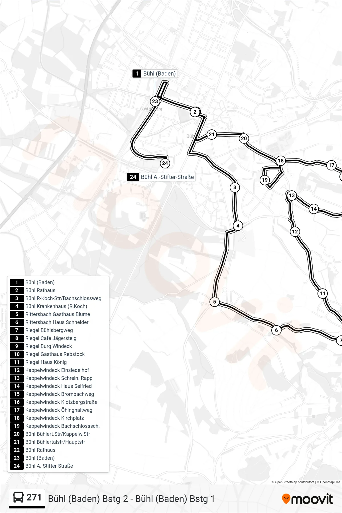 Linie 271 (Bus) Richtung Bühl A.-Stifter-Straße: Route und Haltestellen auf der Karte