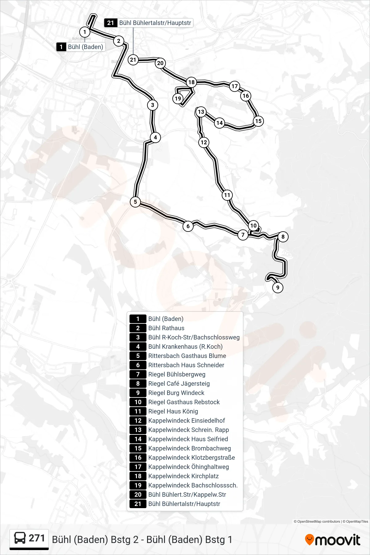 271 bus Line (Bühl Bühlertalstr/Hauptstr) route and stops on a map