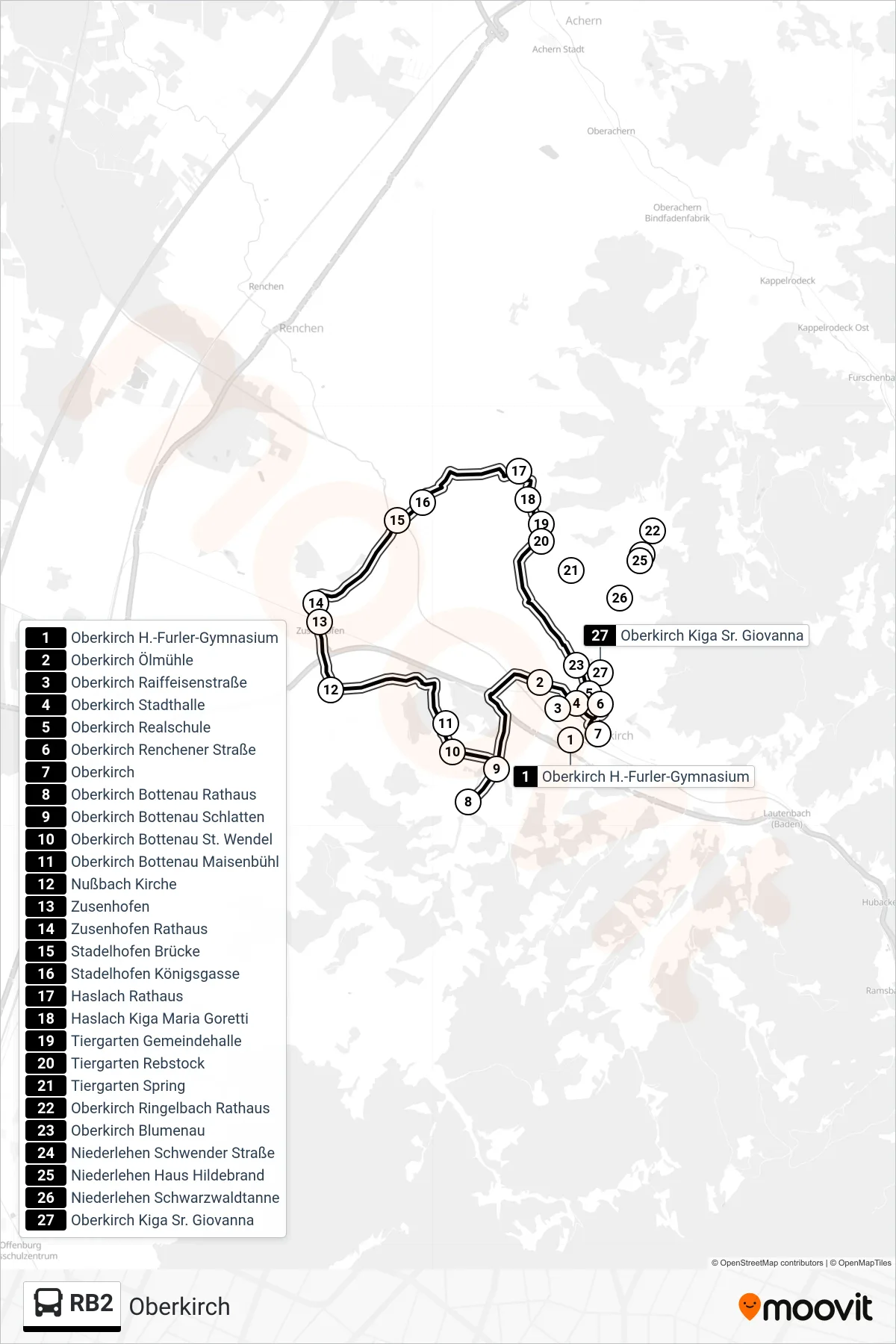 Linie RB2 (Bus) Richtung Oberkirch: Route und Haltestellen auf der Karte