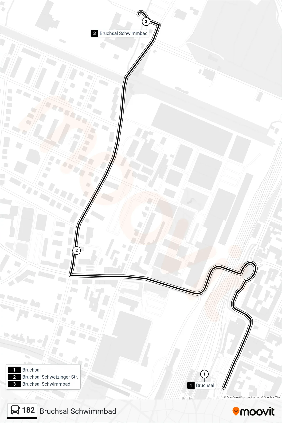 182 bus Line (Bruchsal Schwimmbad) route and stops on a map