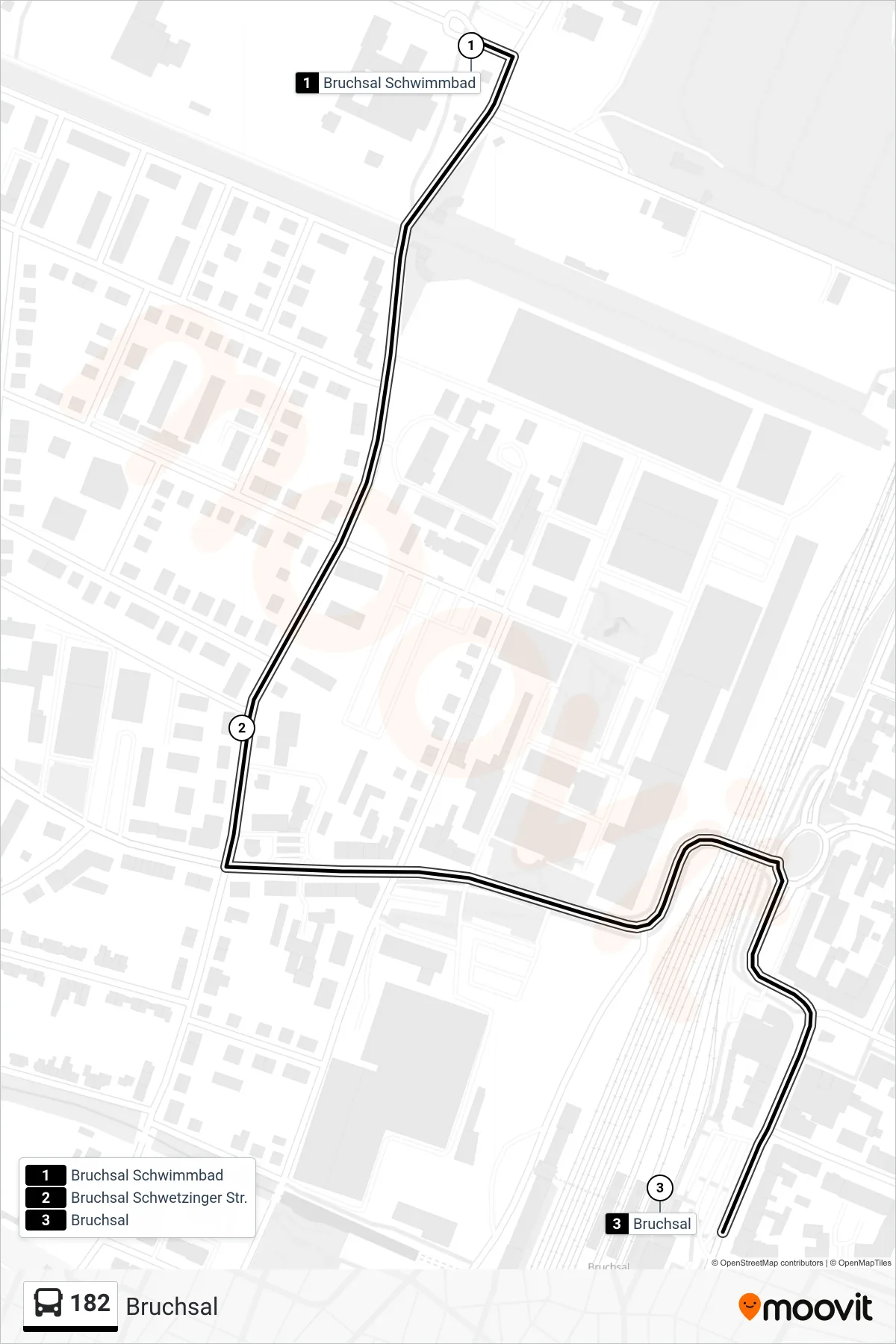 182 bus Line (Bruchsal) route and stops on a map