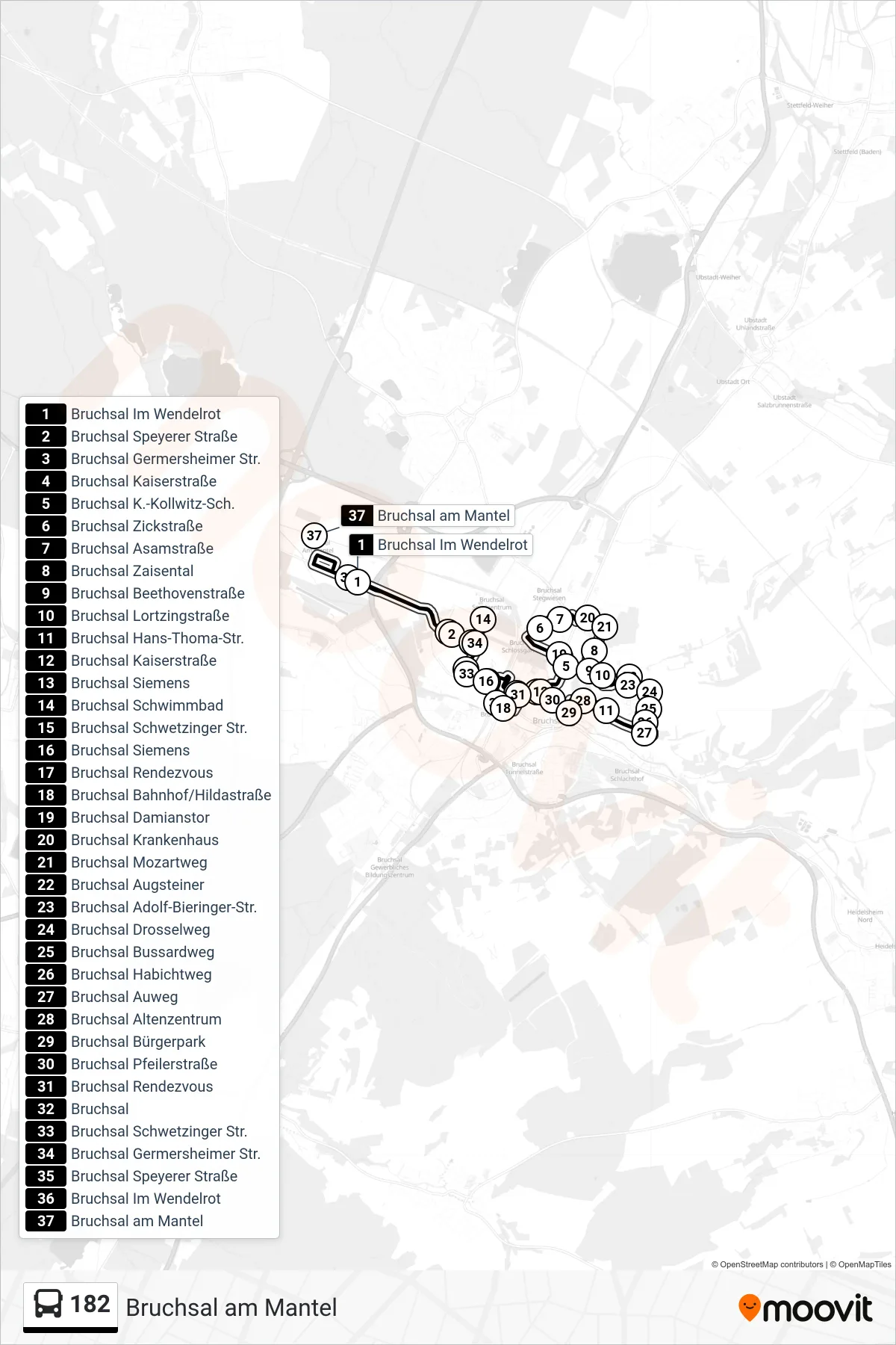 Linie 182 (Bus) Richtung Bruchsal am Mantel: Route und Haltestellen auf der Karte