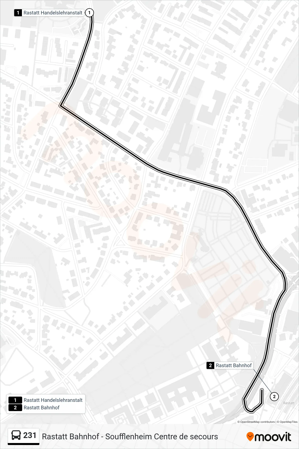 Linie 231 (Bus) Richtung Rastatt Bahnhof: Route und Haltestellen auf der Karte