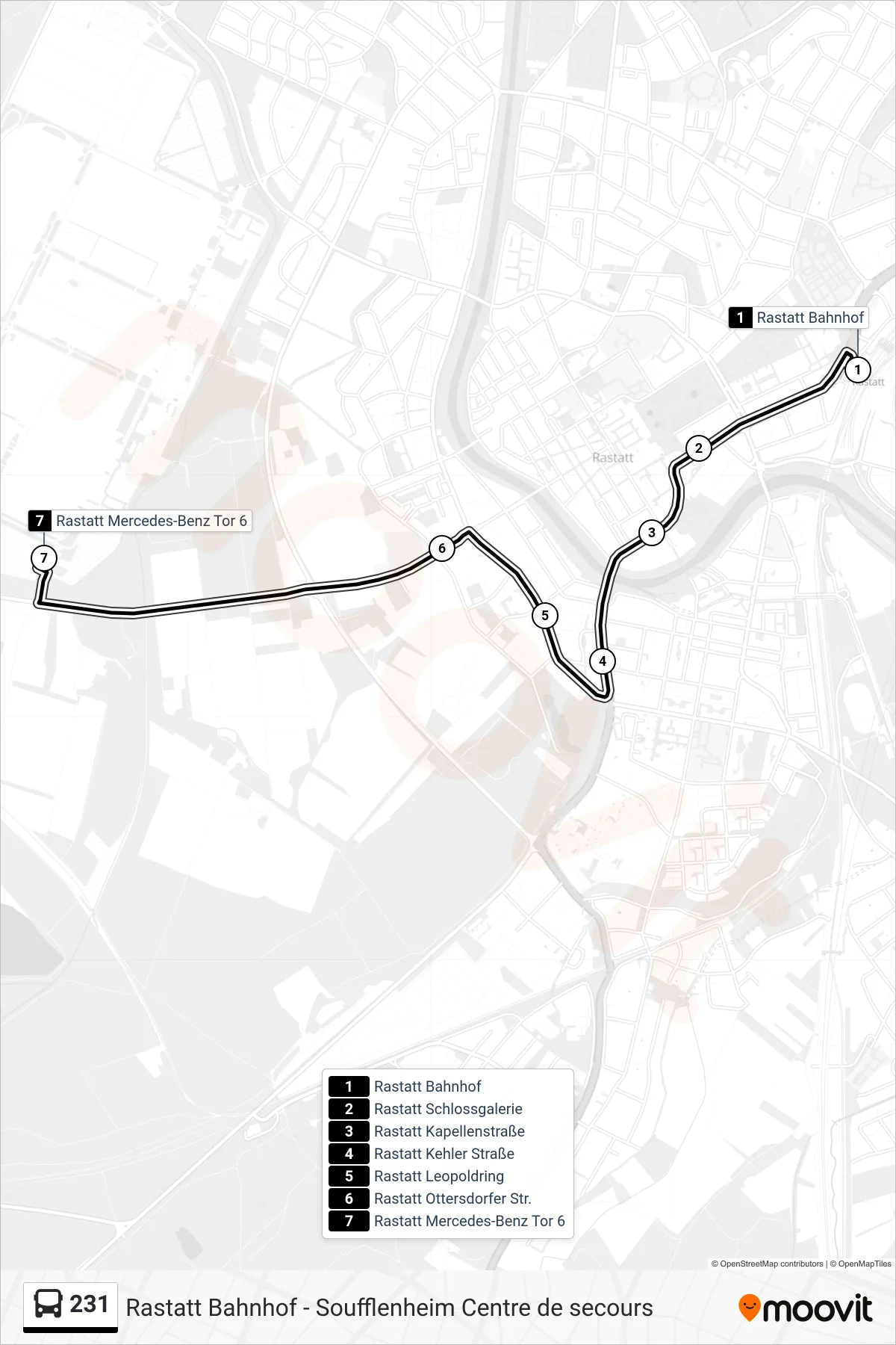 231 bus Line (Rastatt Mercedes-Benz Tor 6) route and stops on a map