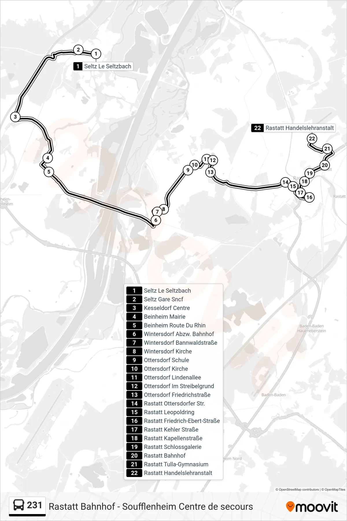 231 bus Line (Rastatt Handelslehranstalt) route and stops on a map