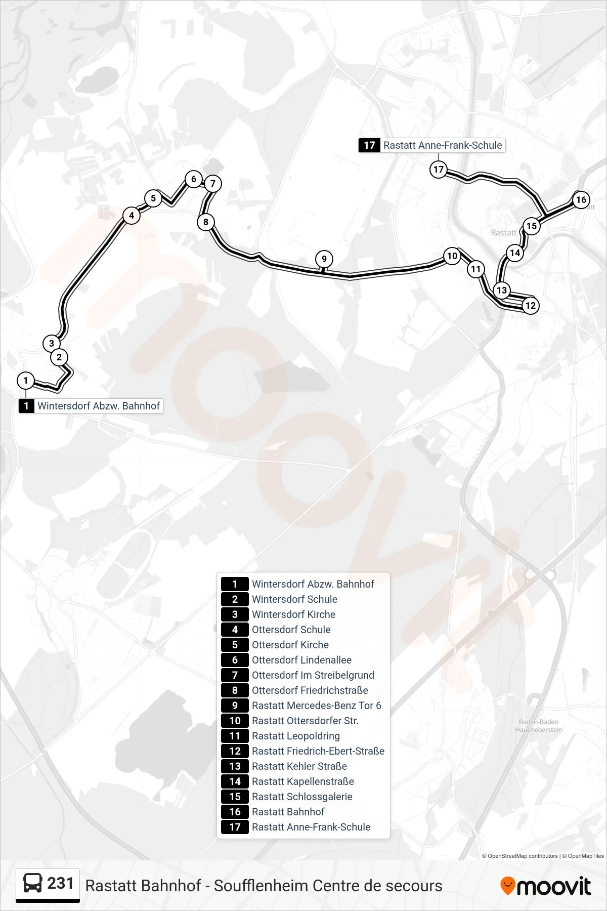 231 bus Line (Rastatt Anne-Frank-Schule) route and stops on a map
