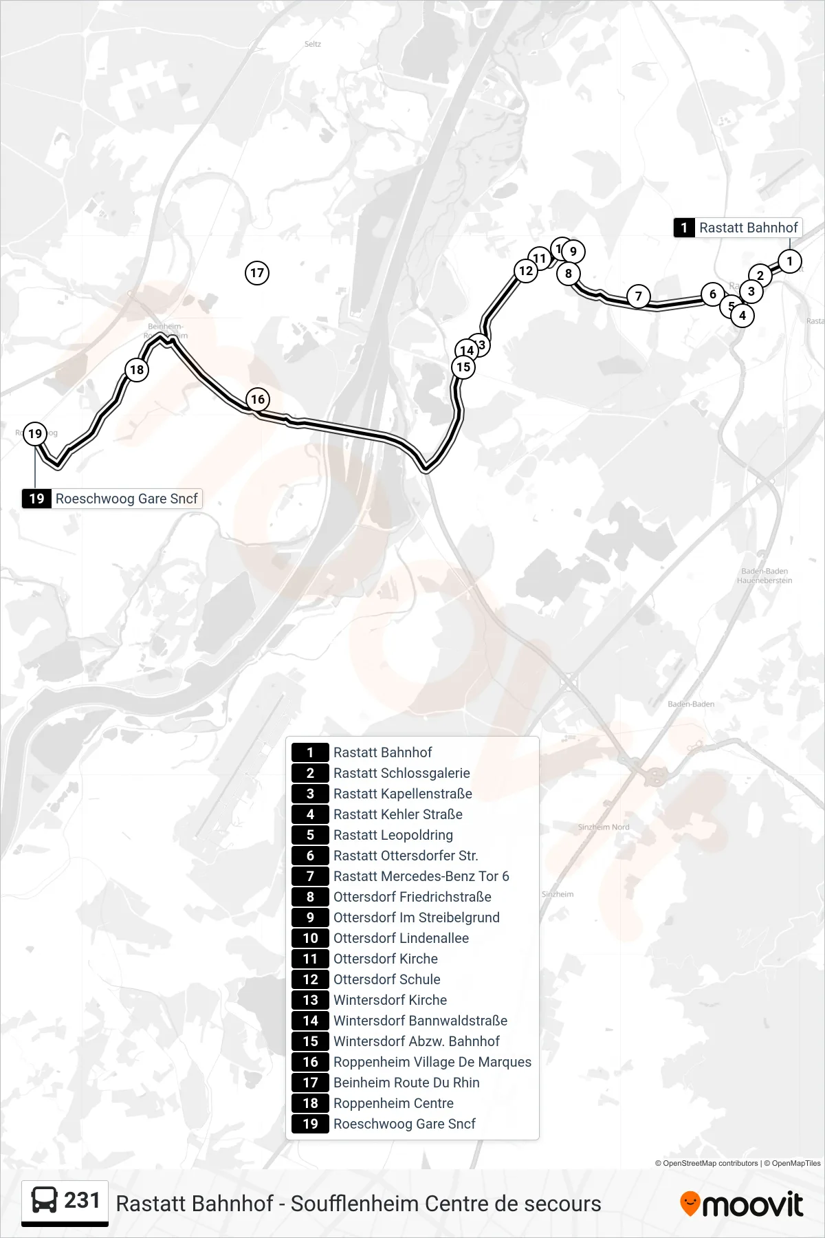 231 bus Line (Roeschwoog Gare Sncf) route and stops on a map