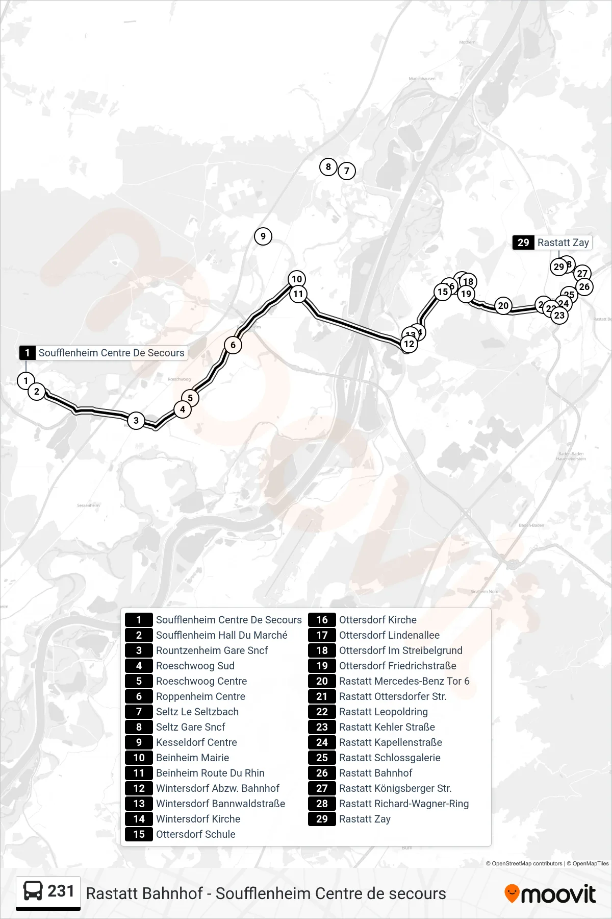 231 bus Line (Rastatt Zay) route and stops on a map