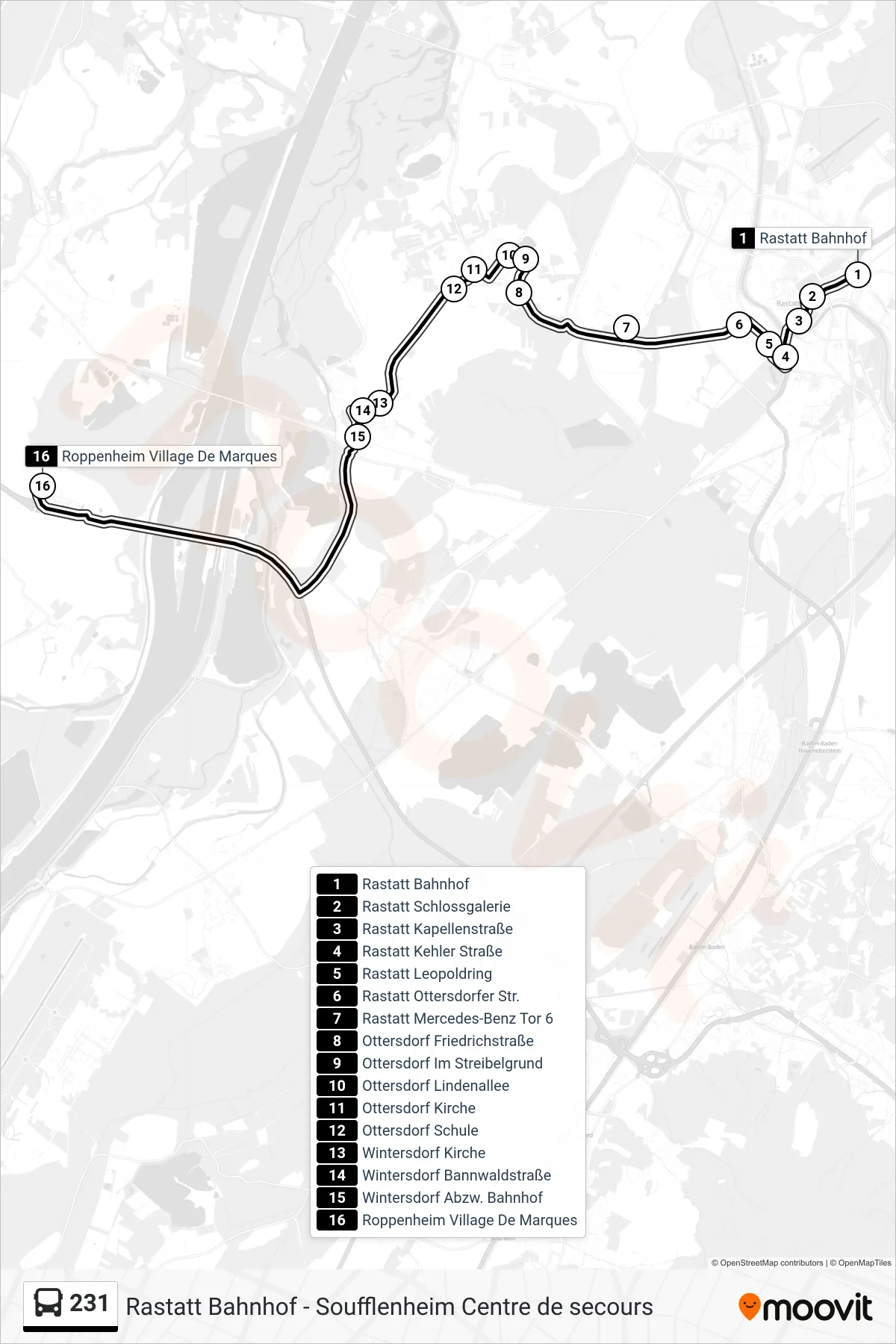 231 bus Line (Roppenheim Village De Marques) route and stops on a map