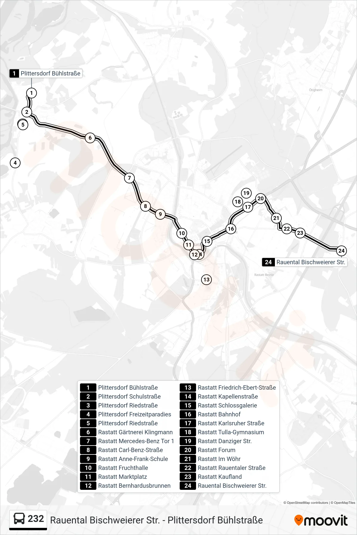 232 bus Line (Rauental Bischweierer Str.) route and stops on a map