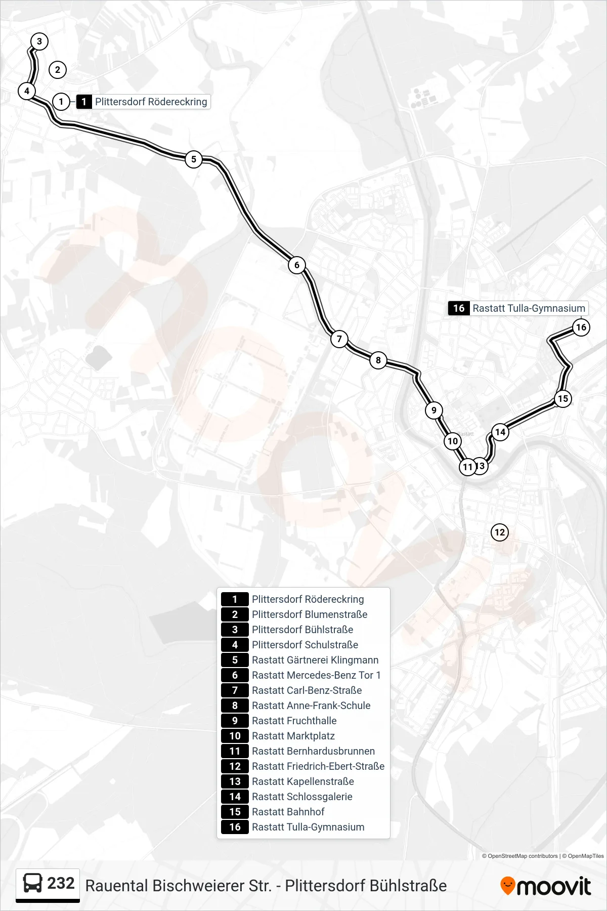 232 bus Line (Rastatt Tulla-Gymnasium) route and stops on a map