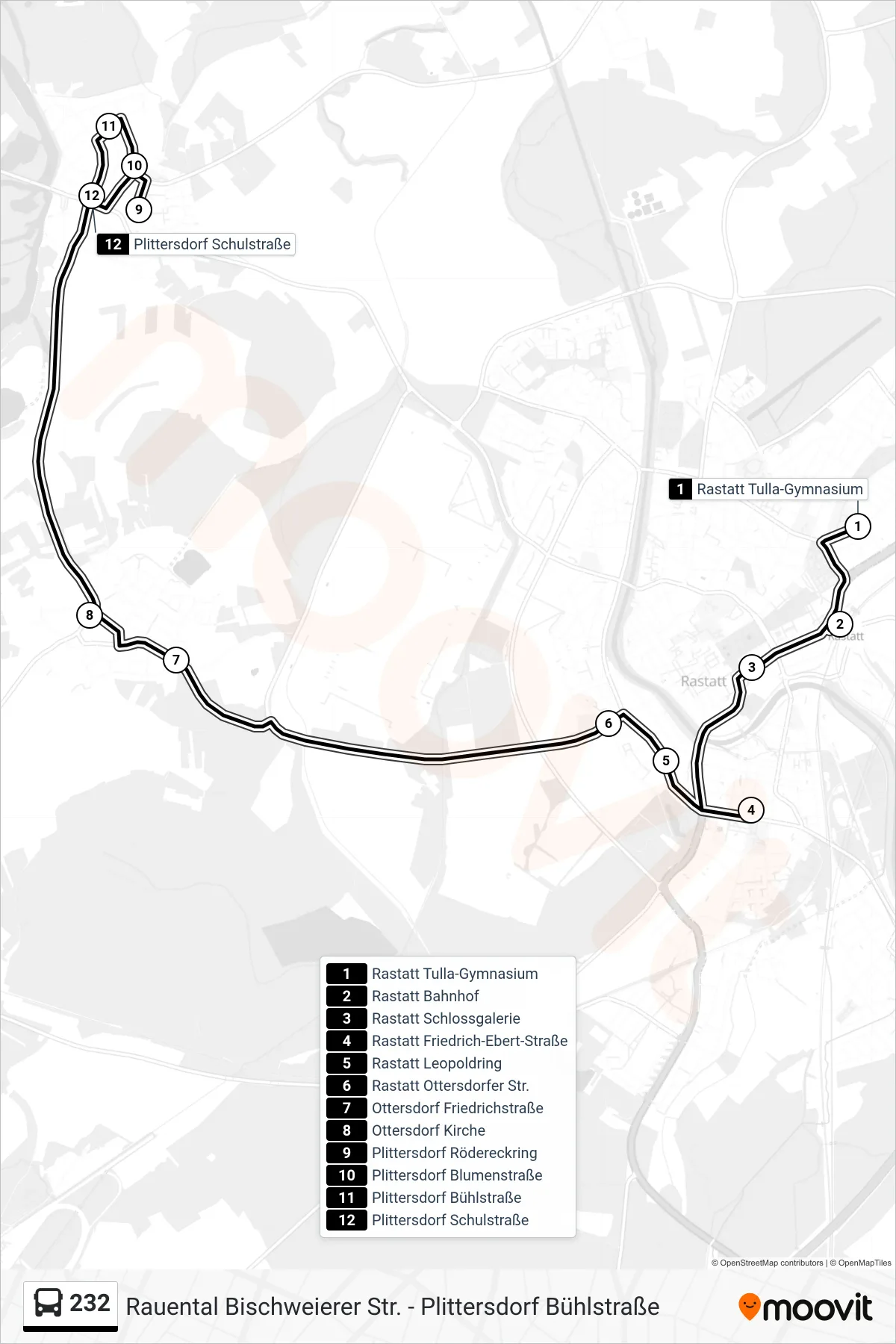 232 bus Line (Plittersdorf Schulstraße) route and stops on a map