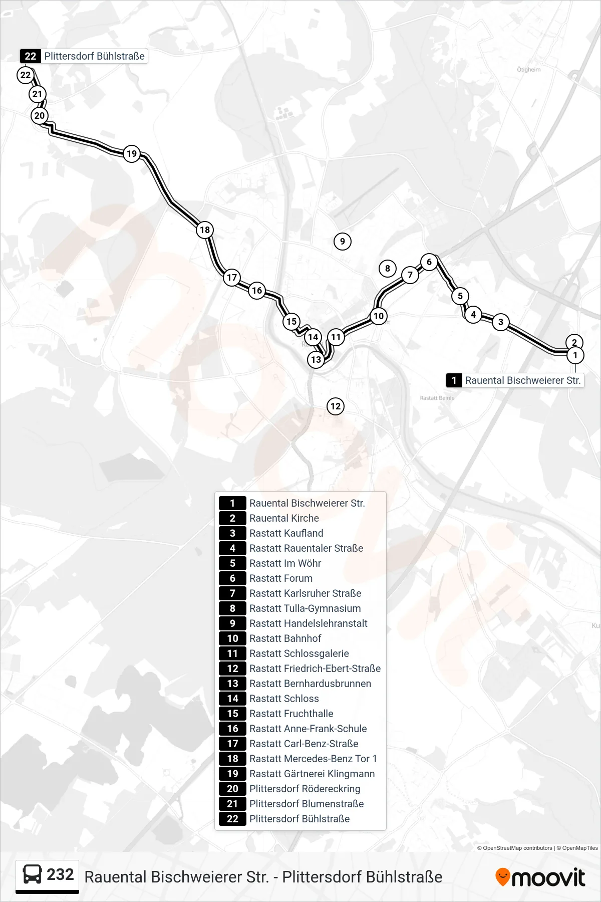 232 bus Line (Plittersdorf Bühlstraße) route and stops on a map