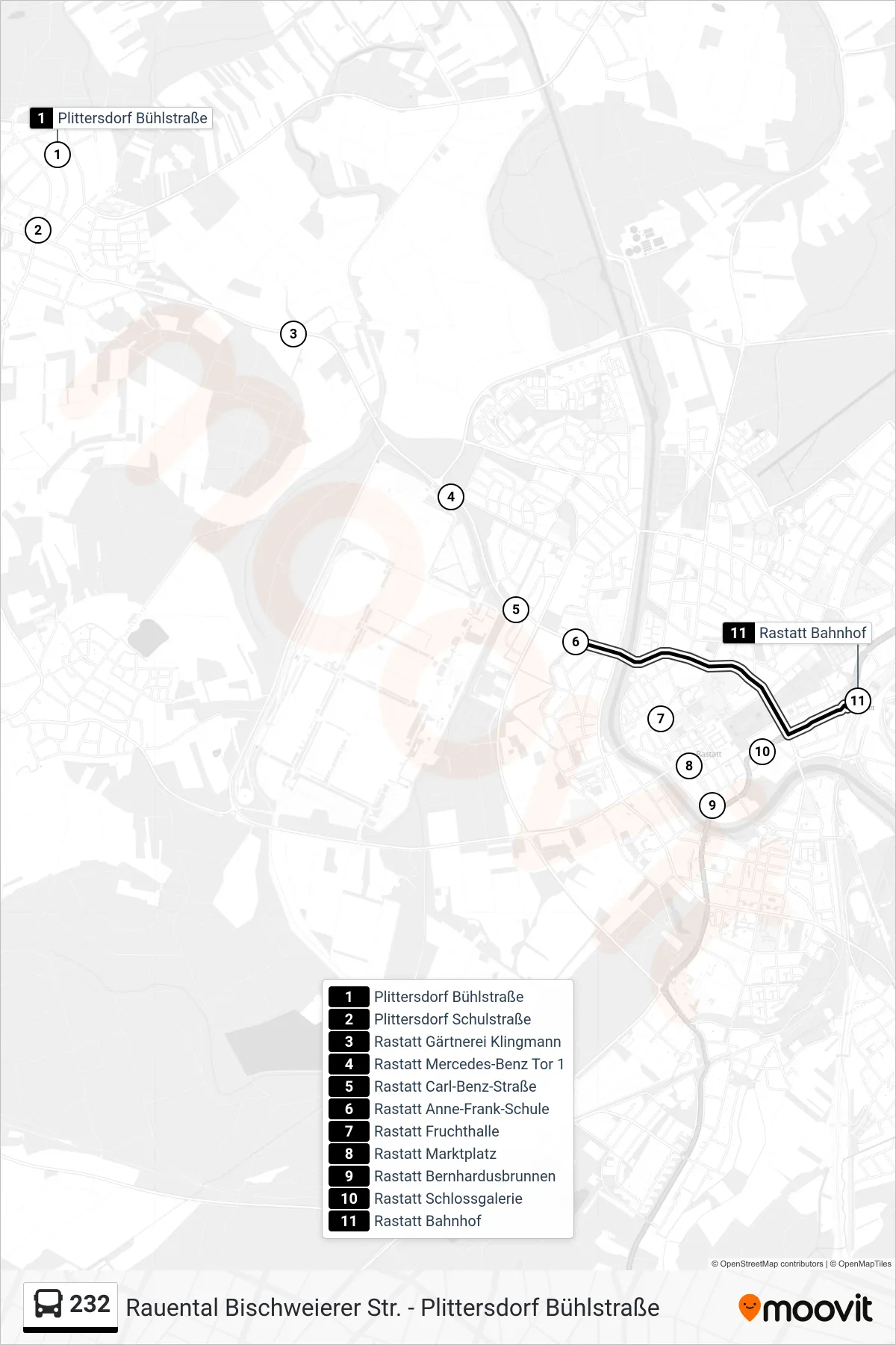 232 bus Line (Rastatt Bahnhof) route and stops on a map