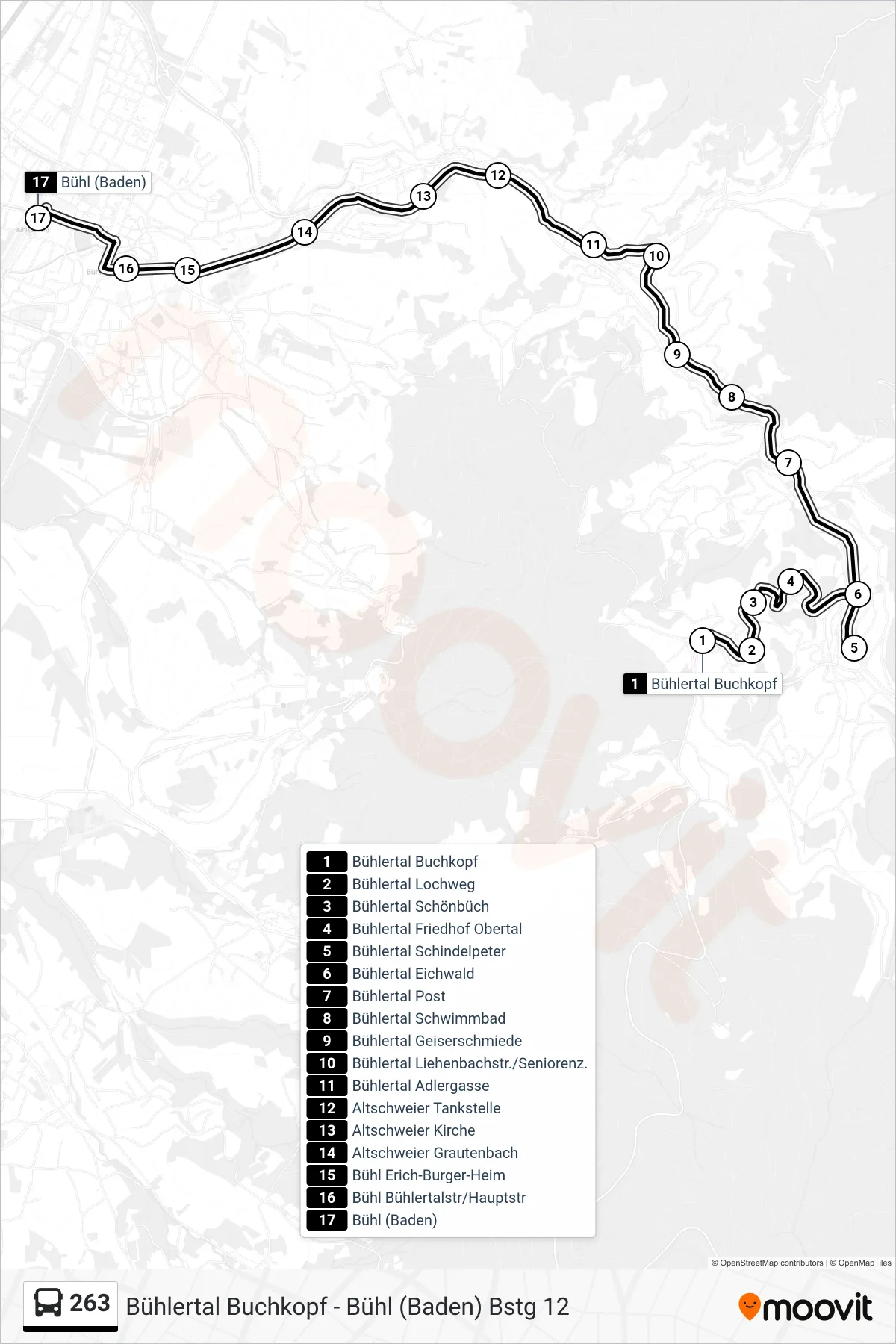 Linie 263 (Bus) Richtung Bühl (Baden): Route und Haltestellen auf der Karte
