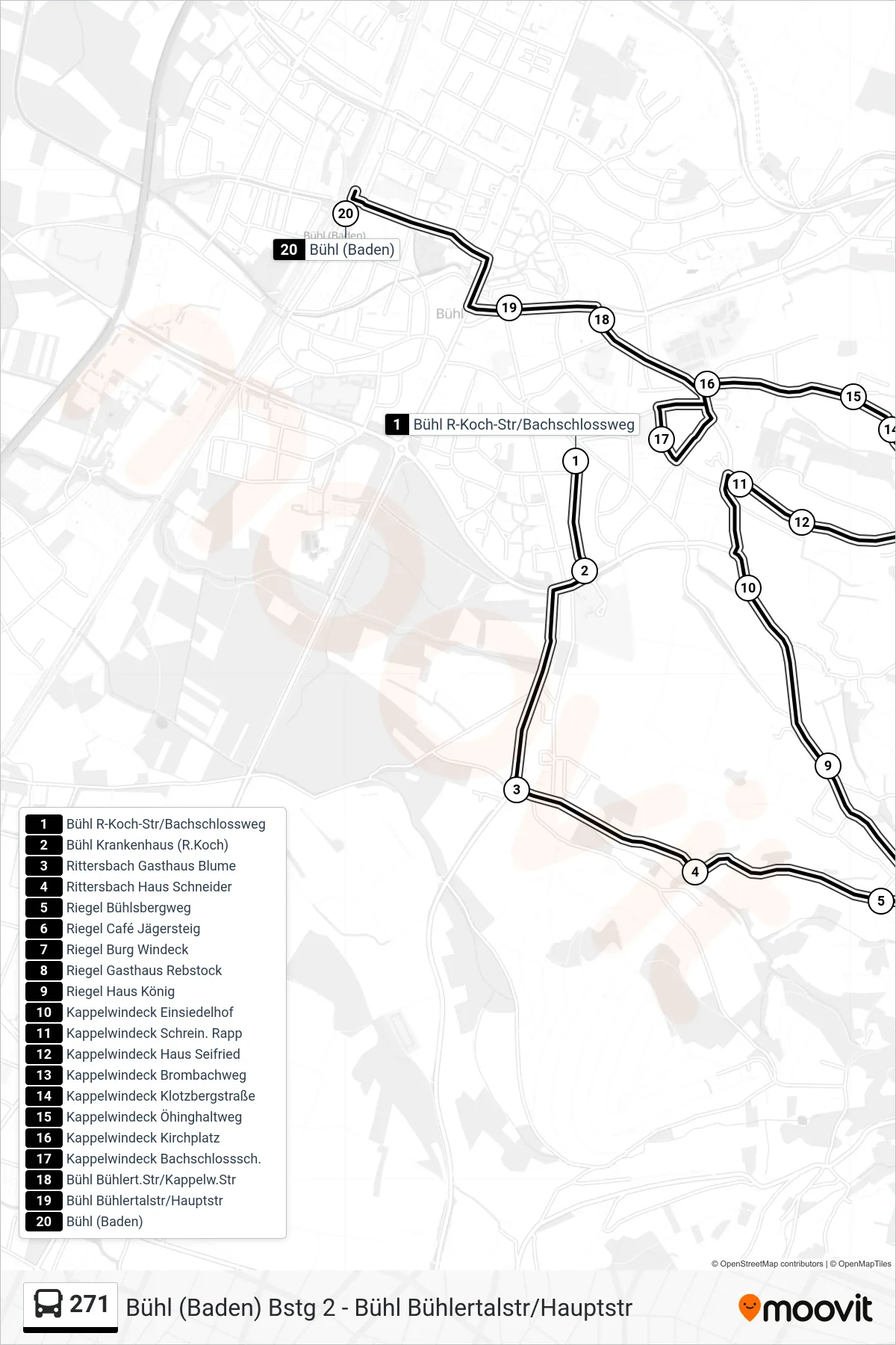 271 bus Line (Bühl (Baden)) route and stops on a map