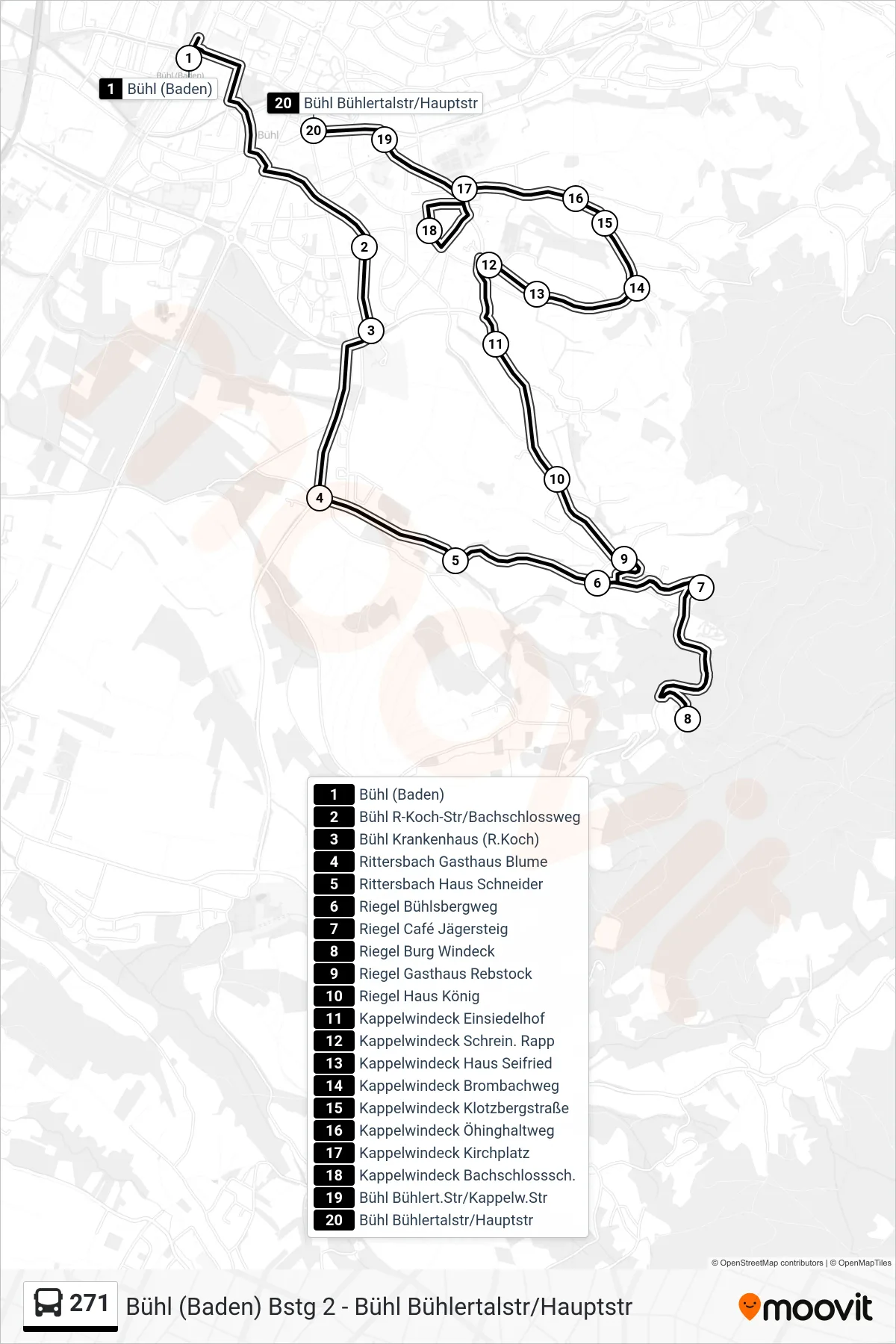 Linie 271 (Bus) Richtung Bühl Bühlertalstr/Hauptstr: Route und Haltestellen auf der Karte