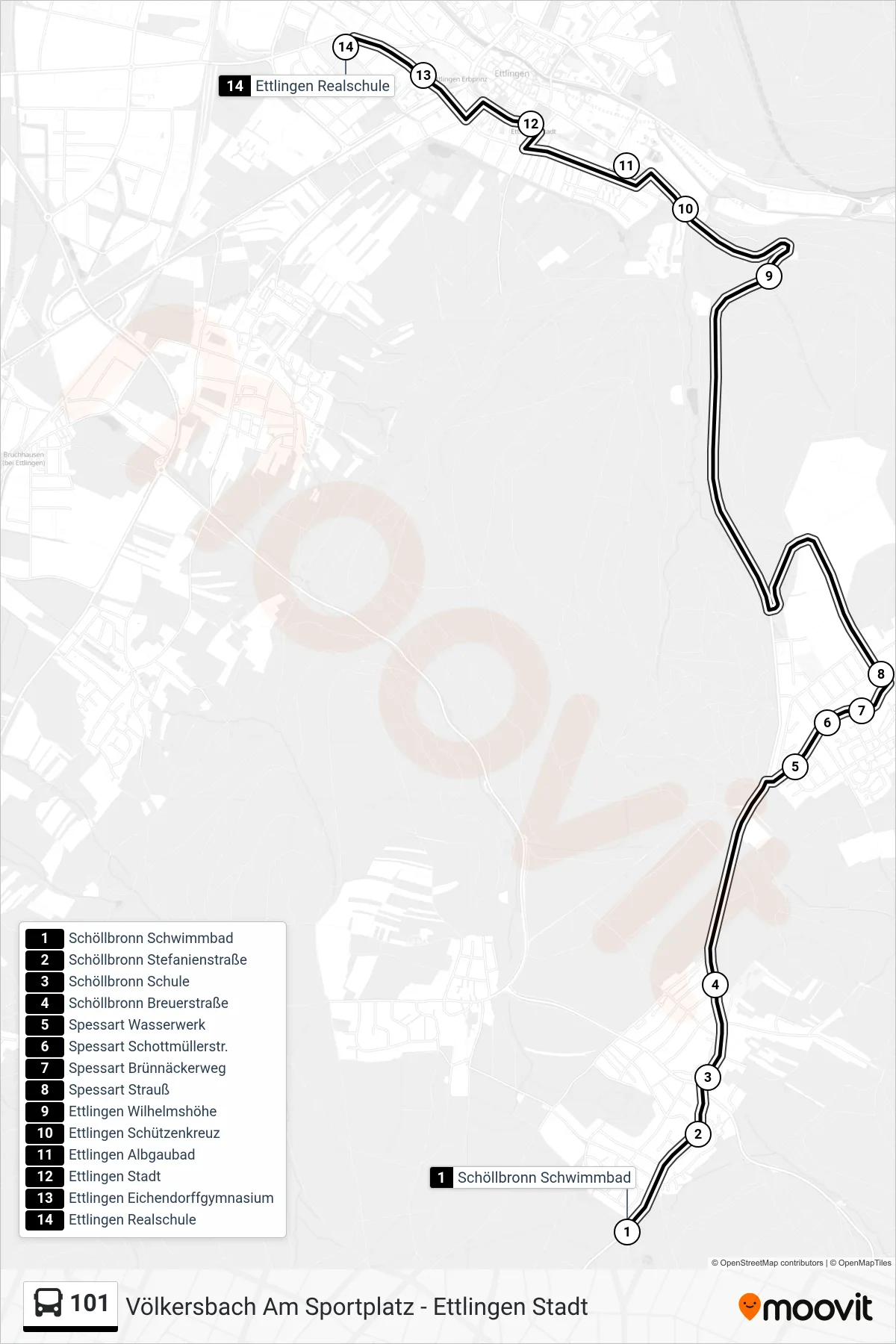101 tram Line (Ettlingen Realschule) route and stops on a map