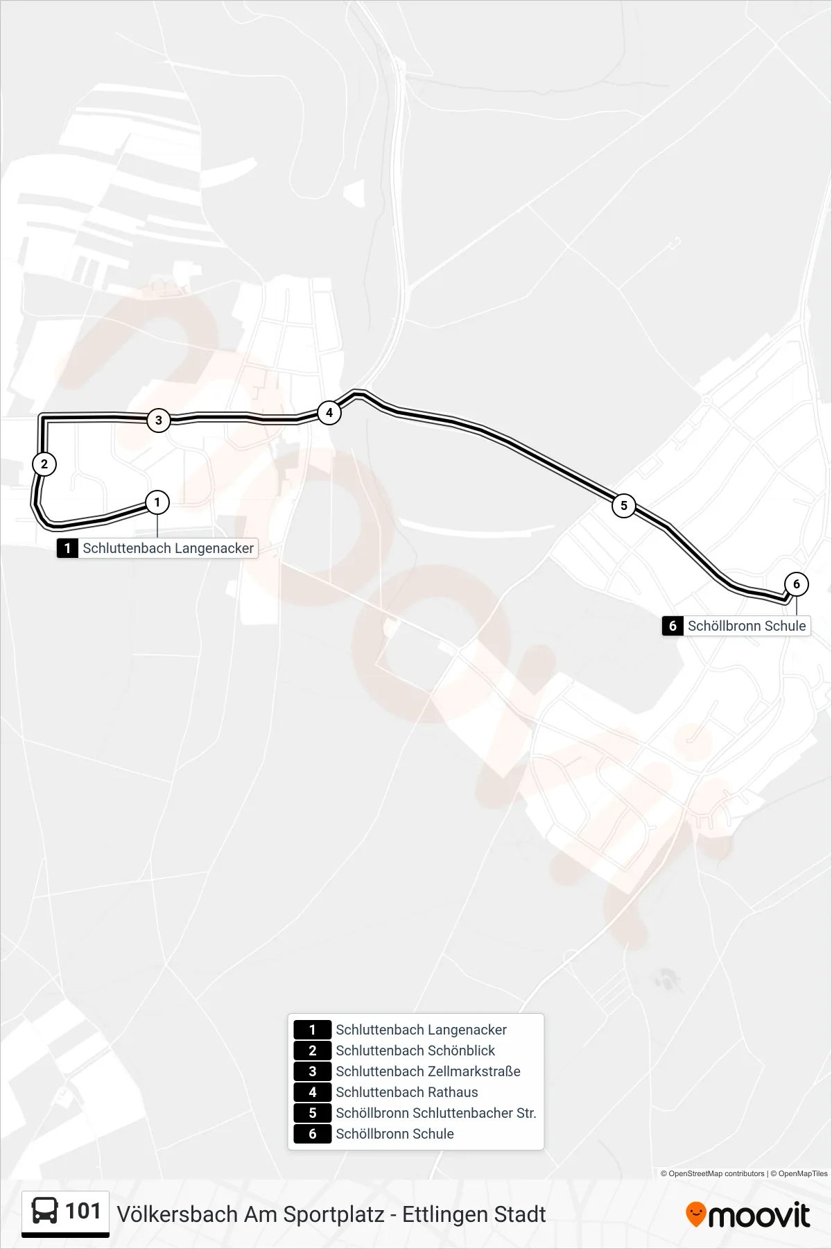 101 tram Line (Schöllbronn Schule) route and stops on a map