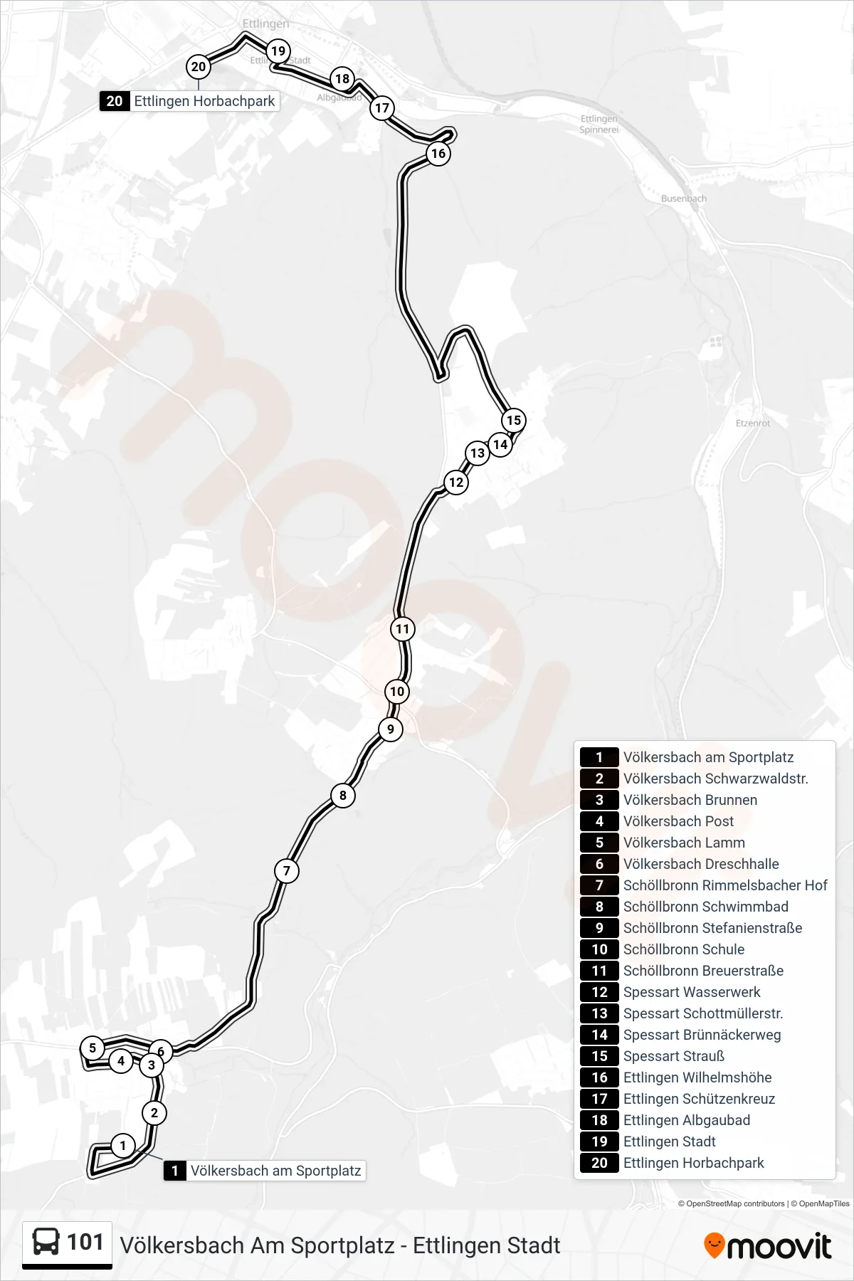 Linie 101 (Tram) Richtung Ettlingen Horbachpark: Route und Haltestellen auf der Karte