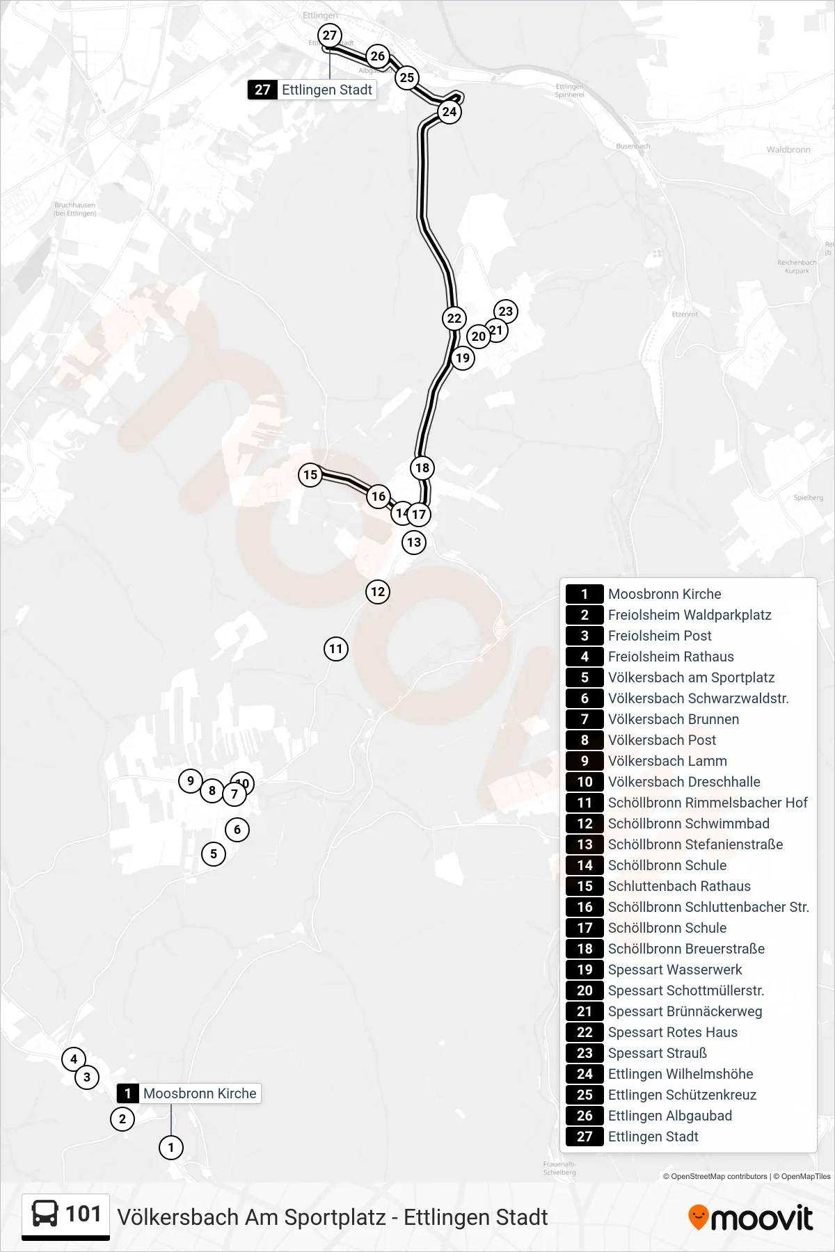 101 tram Line (Ettlingen Stadt) route and stops on a map