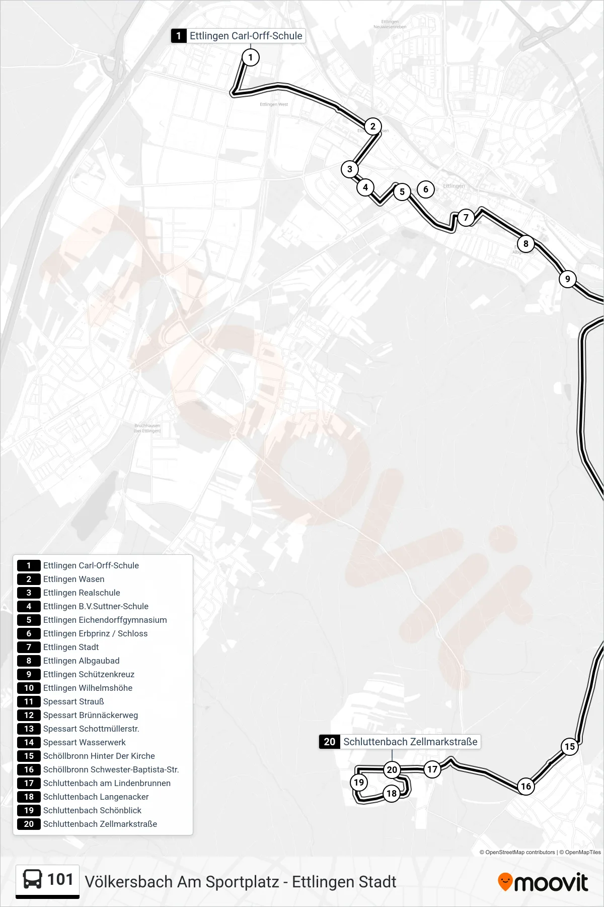 101 tram Line (Schluttenbach Zellmarkstraße) route and stops on a map