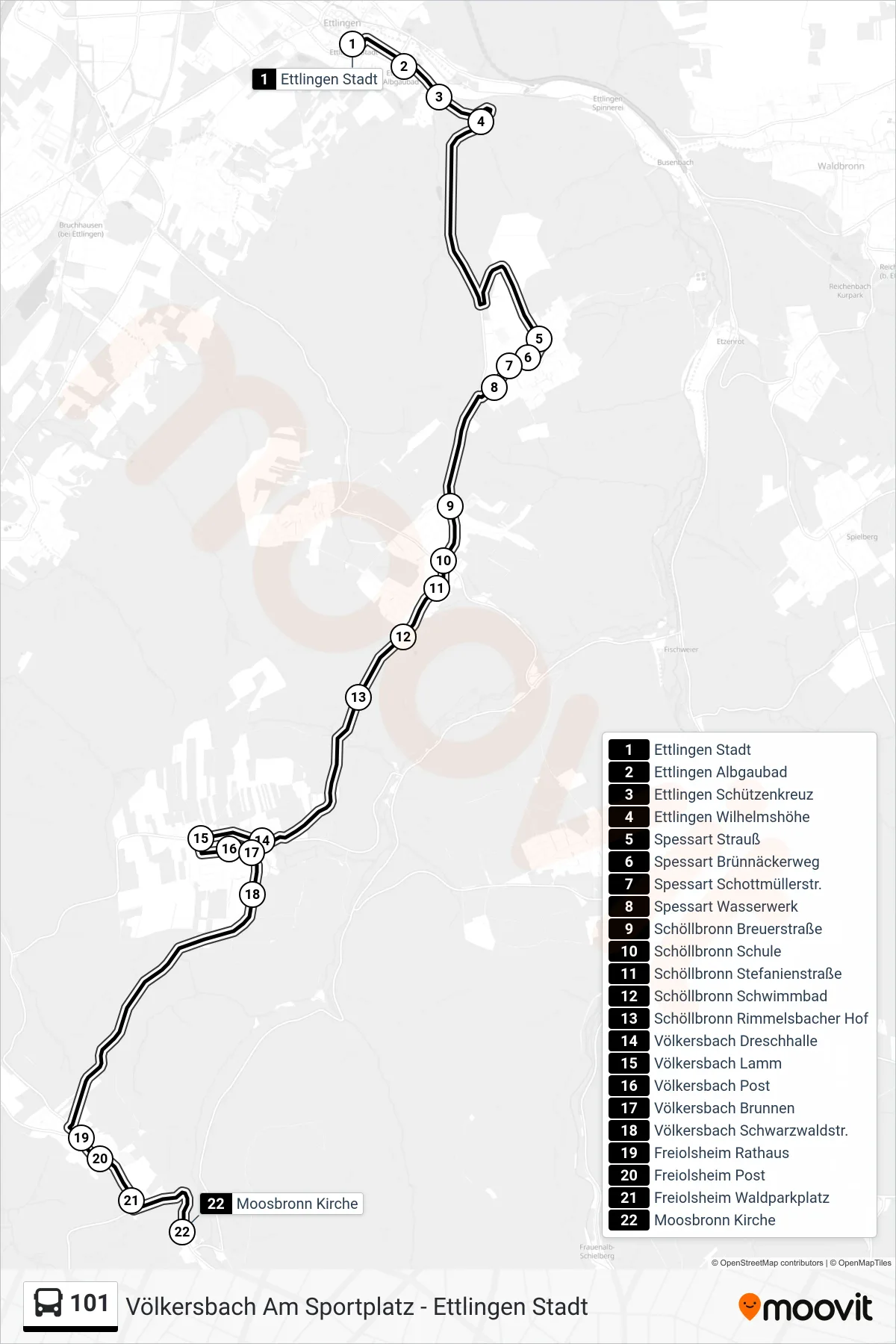 101 tram Line (Moosbronn Kirche) route and stops on a map
