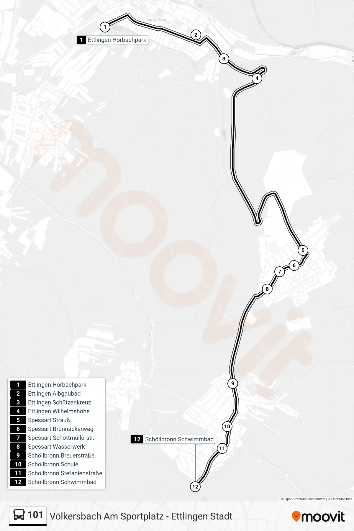 101 tram Line (Schöllbronn Schwimmbad) route and stops on a map
