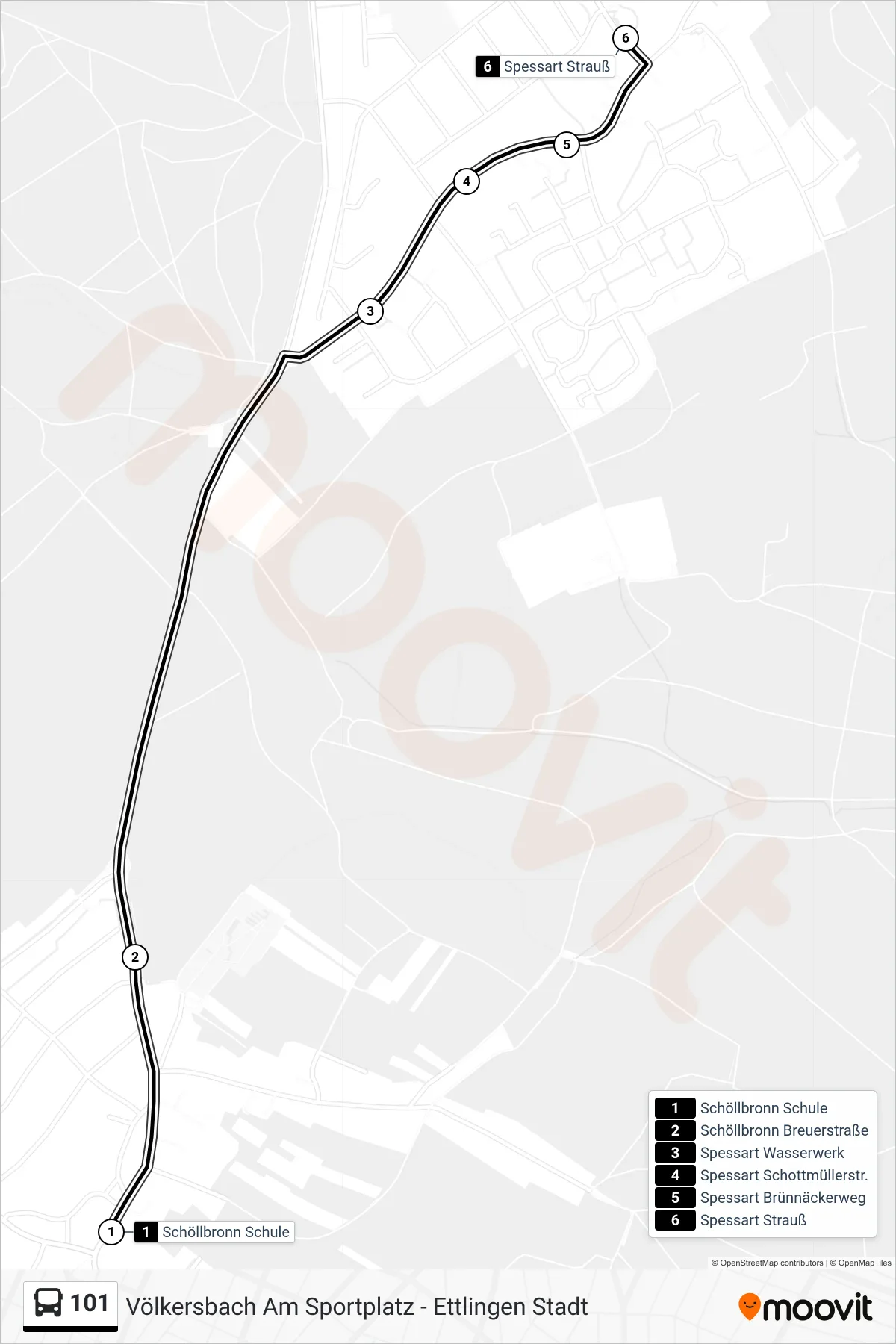 101 tram Line (Spessart Strauß) route and stops on a map