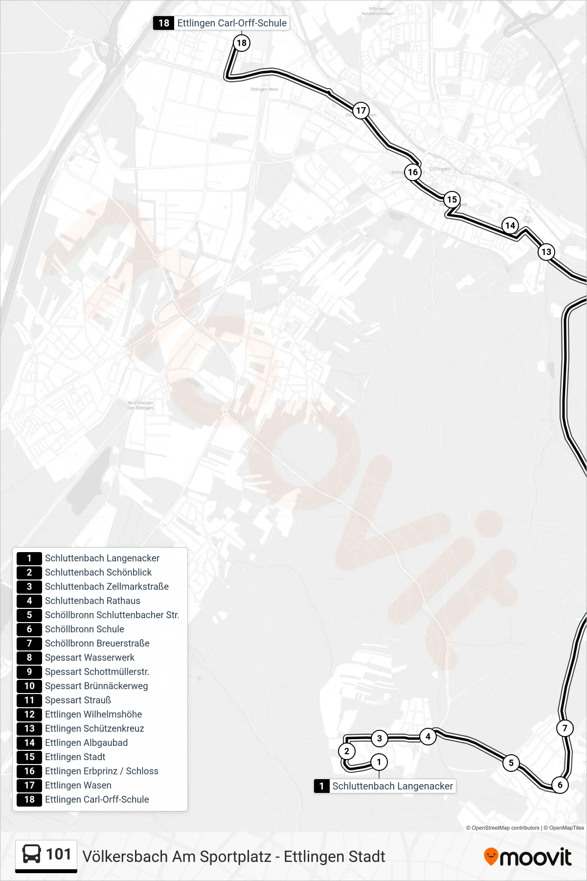 101 tram Line (Ettlingen Carl-Orff-Schule) route and stops on a map