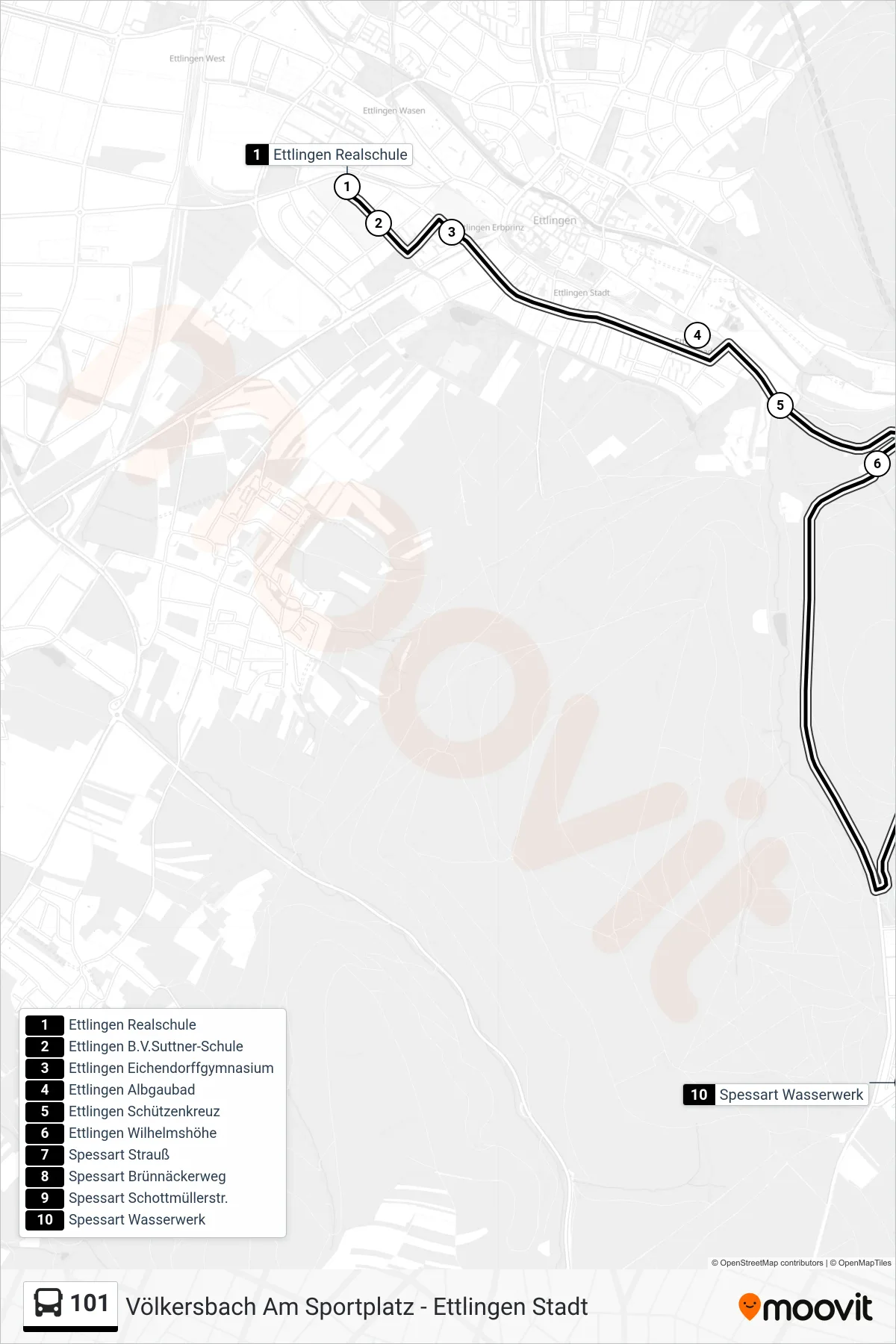 101 tram Line (Spessart Wasserwerk) route and stops on a map