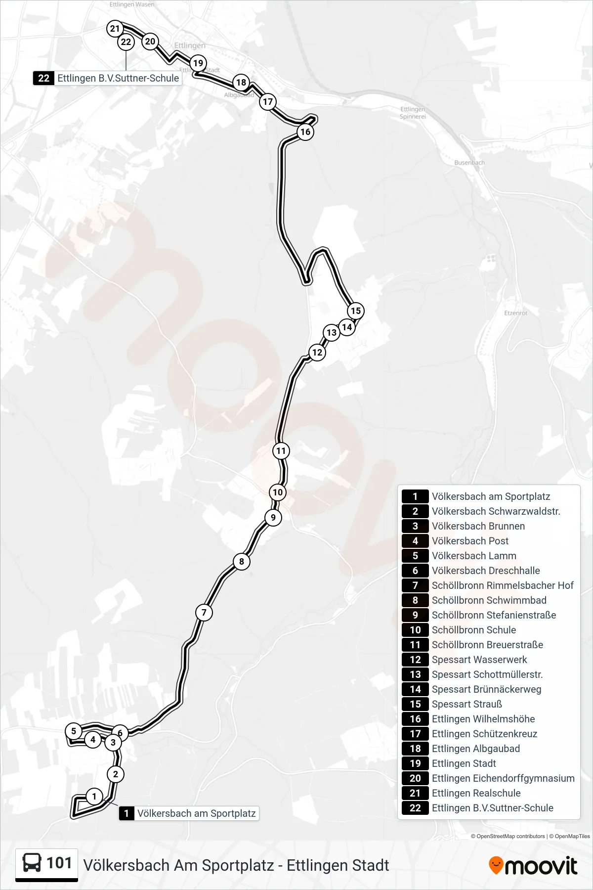 101 tram Line (Ettlingen B.V.Suttner-Schule) route and stops on a map