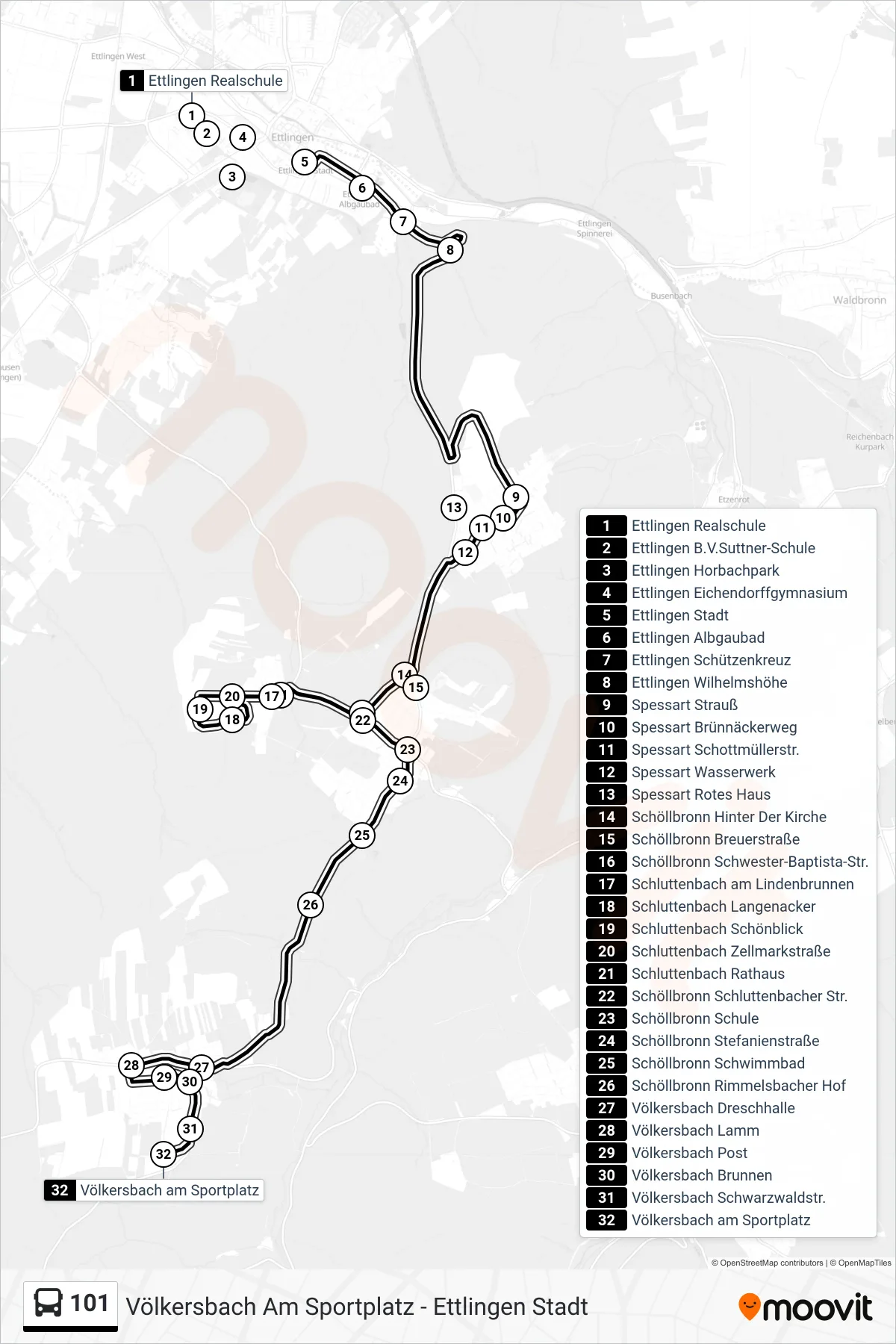 101 tram Line (Völkersbach am Sportplatz) route and stops on a map
