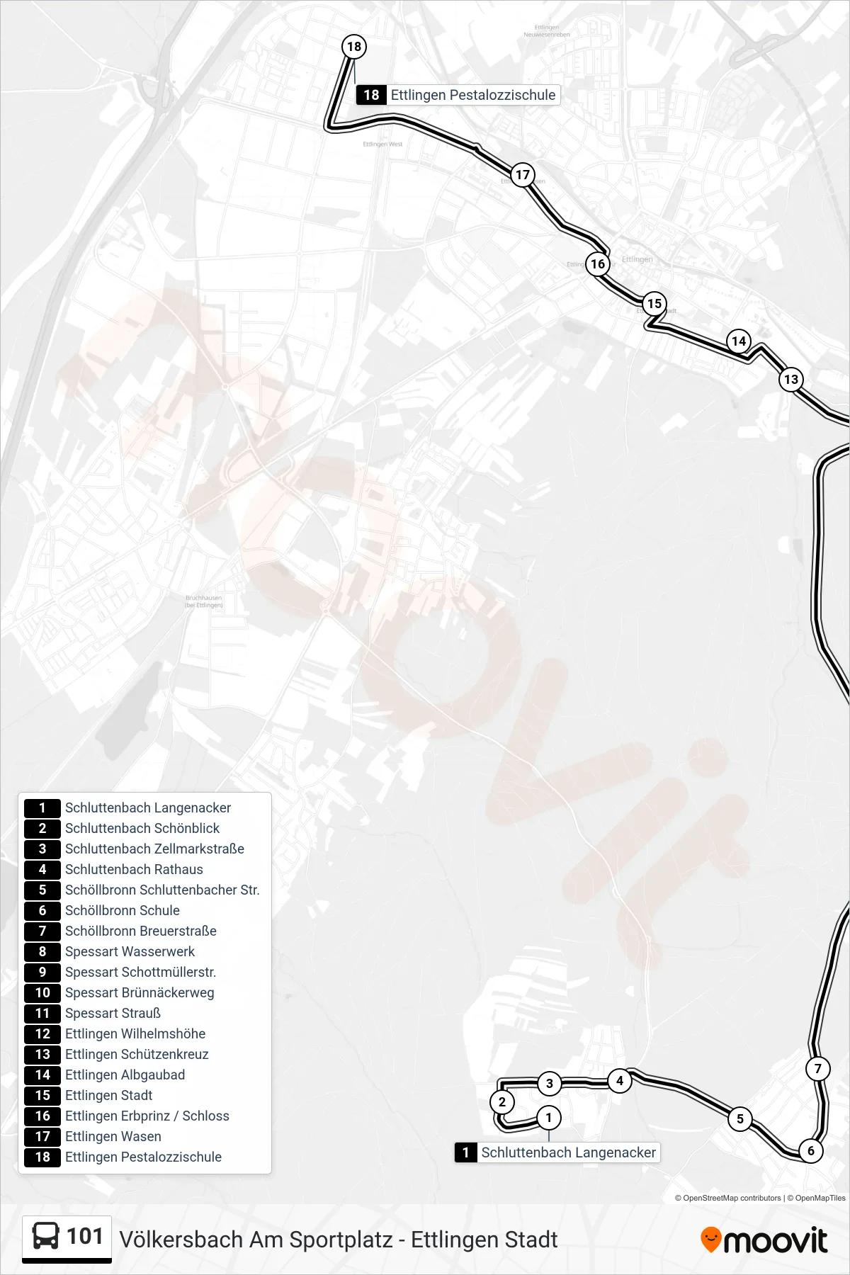 101 tram Line (Ettlingen Pestalozzischule) route and stops on a map