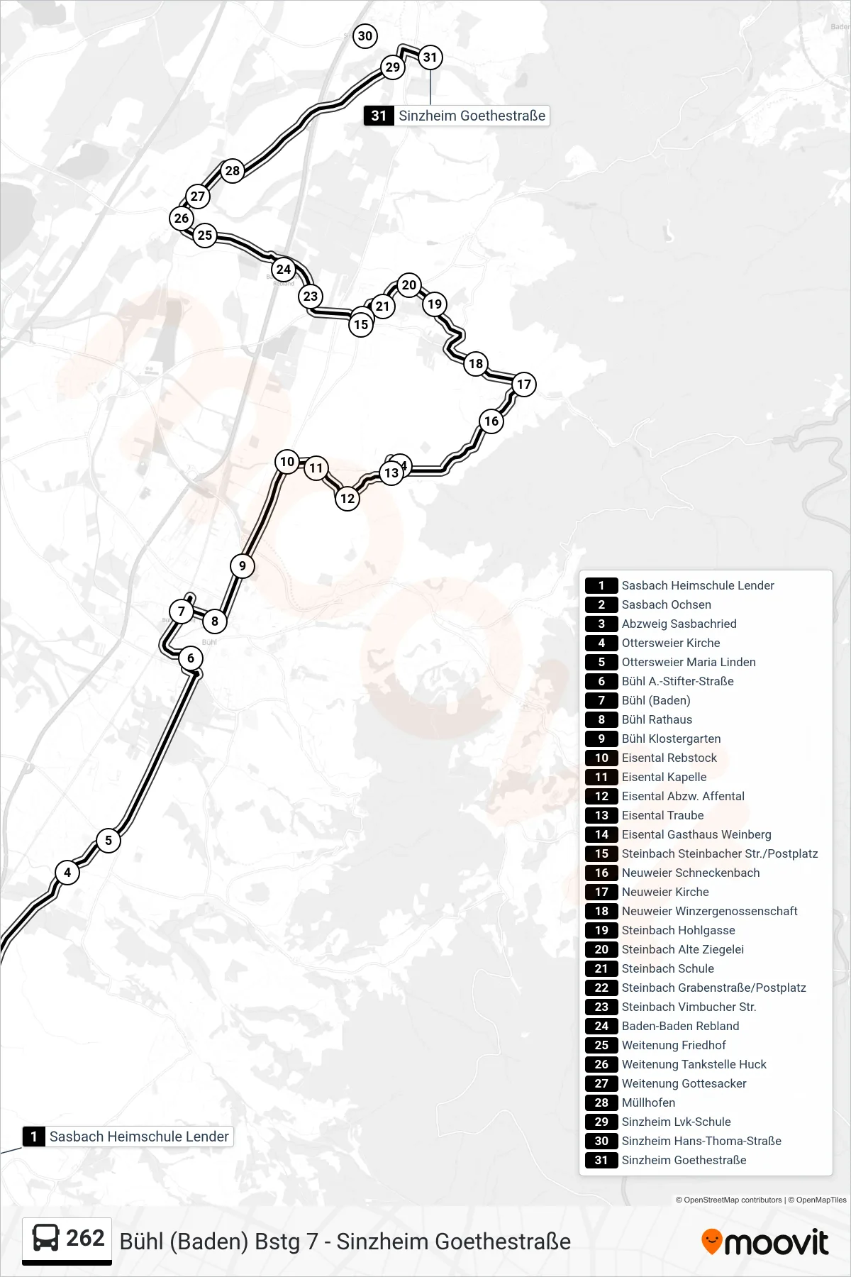 262 tram Line (Sinzheim Goethestraße) route and stops on a map
