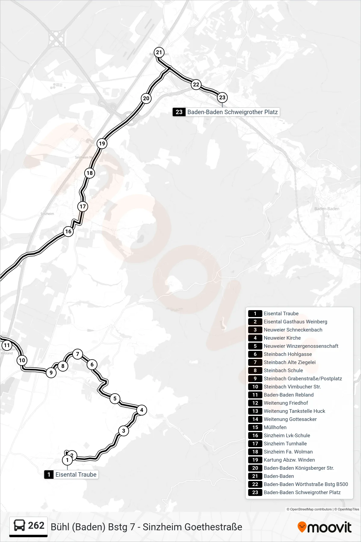 262 tram Line (Baden-Baden Schweigrother Platz) route and stops on a map