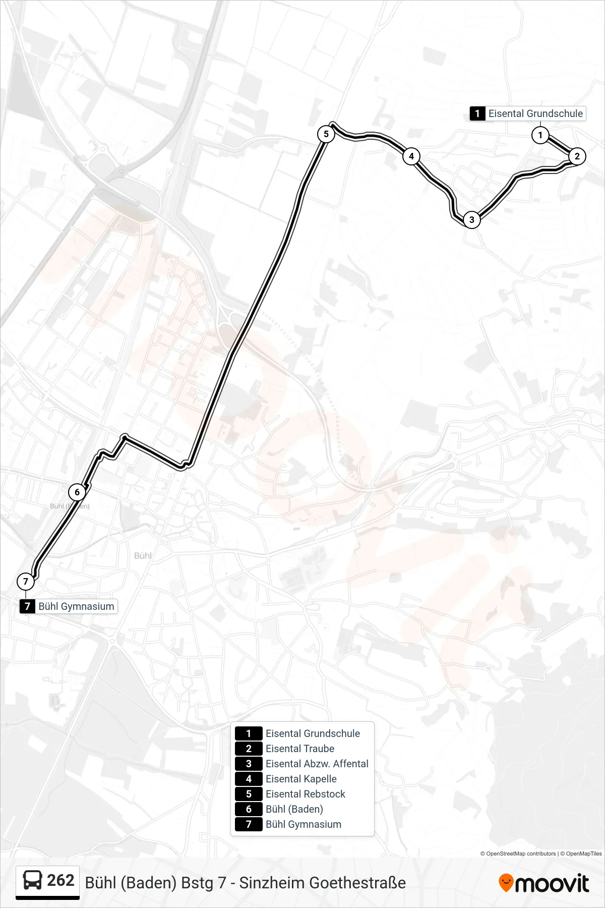 262 tram Line (Bühl Gymnasium) route and stops on a map