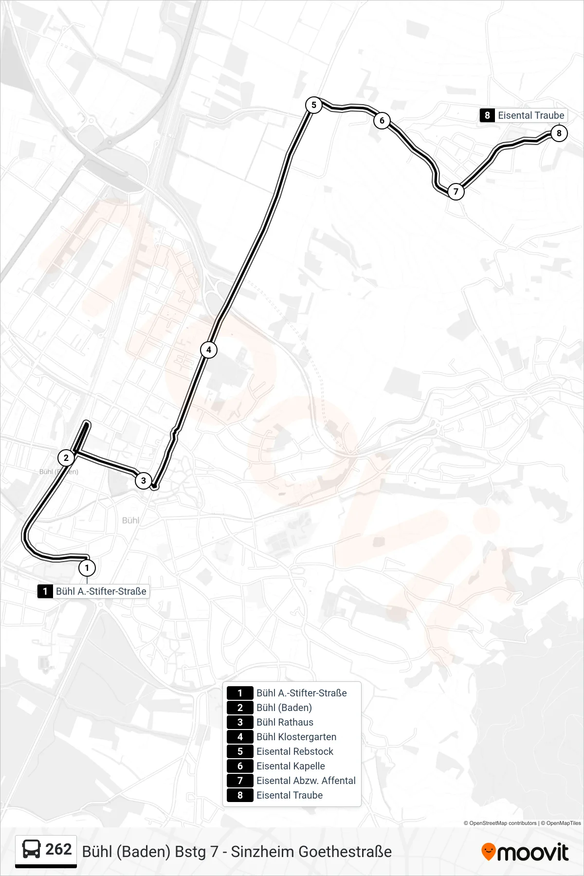 262 tram Line (Eisental Traube) route and stops on a map