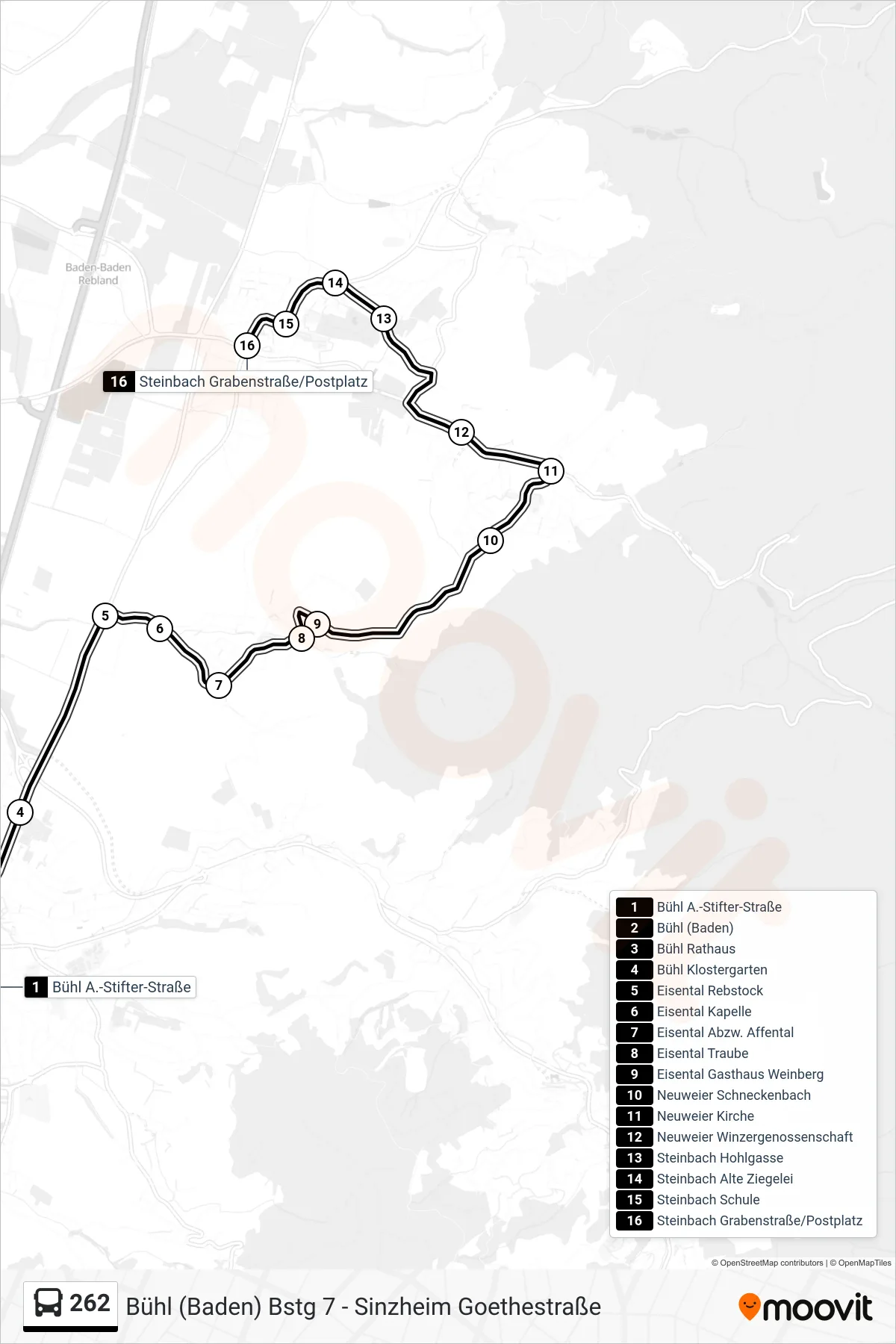 262 tram Line (Steinbach Grabenstraße/Postplatz) route and stops on a map