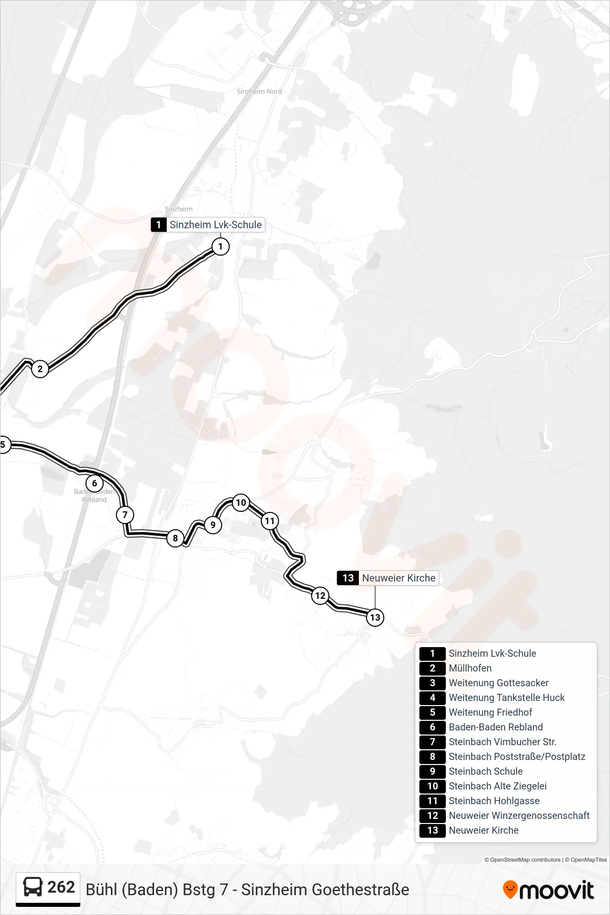 262 tram Line (Neuweier Kirche) route and stops on a map
