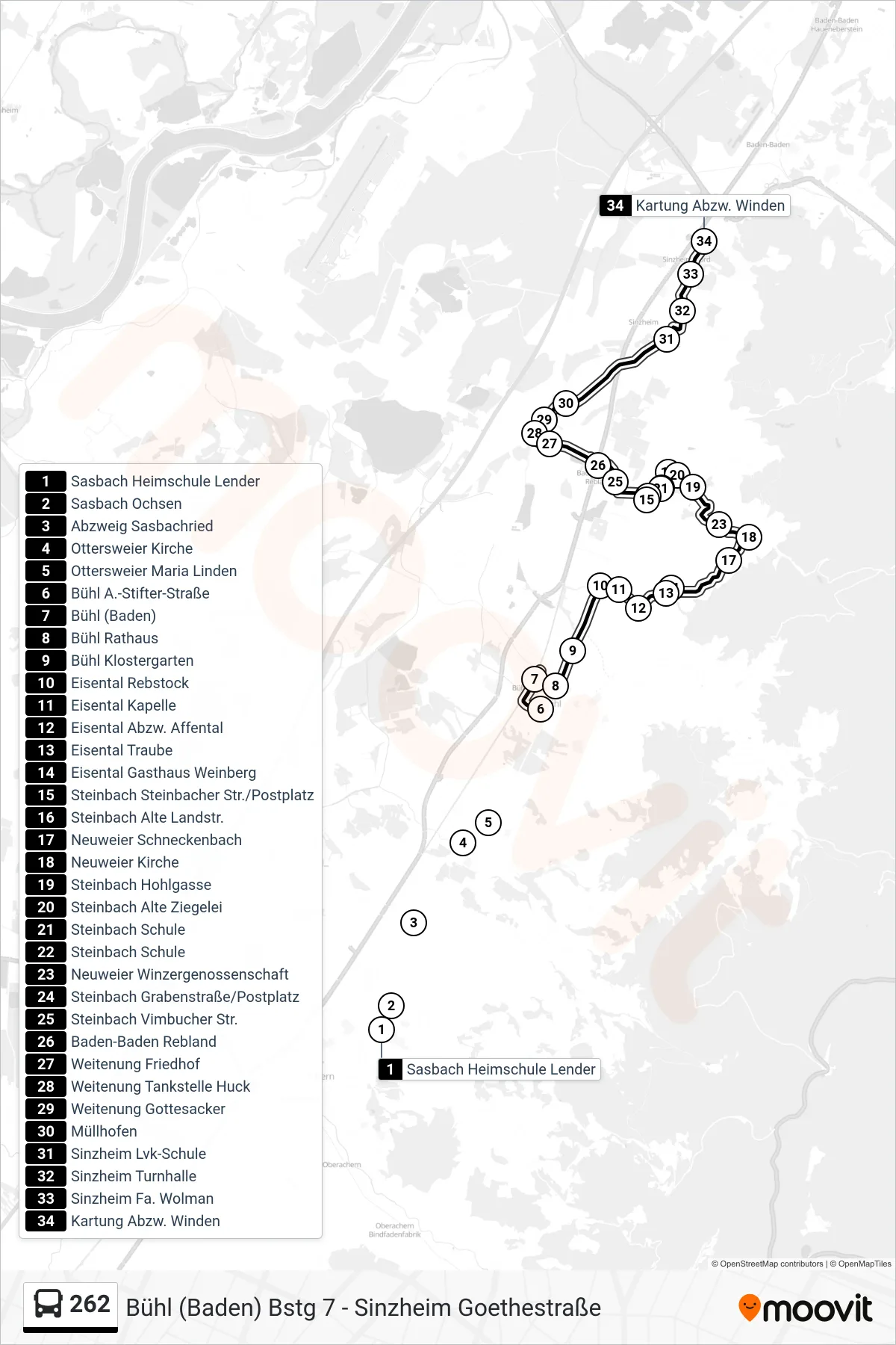 262 tram Line (Kartung Abzw. Winden) route and stops on a map