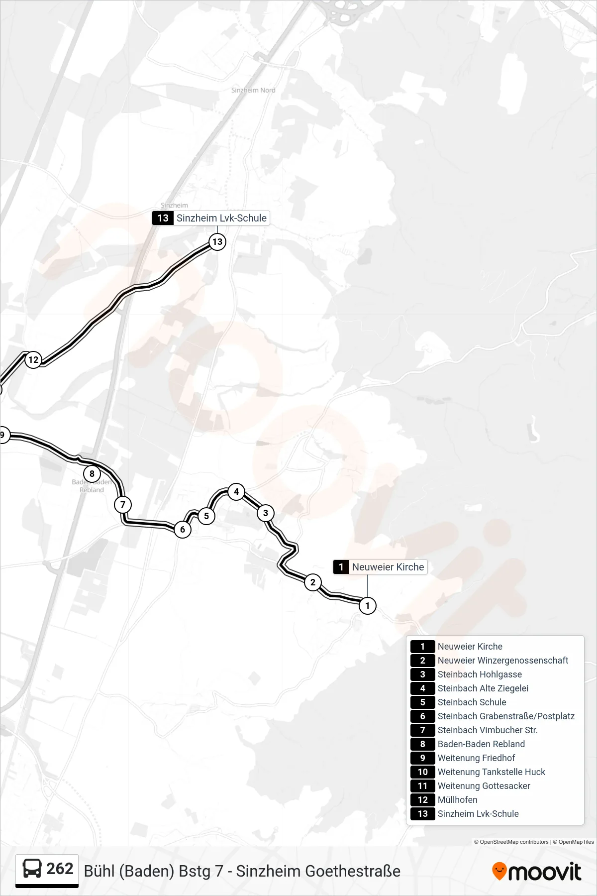 262 tram Line (Sinzheim Lvk-Schule) route and stops on a map
