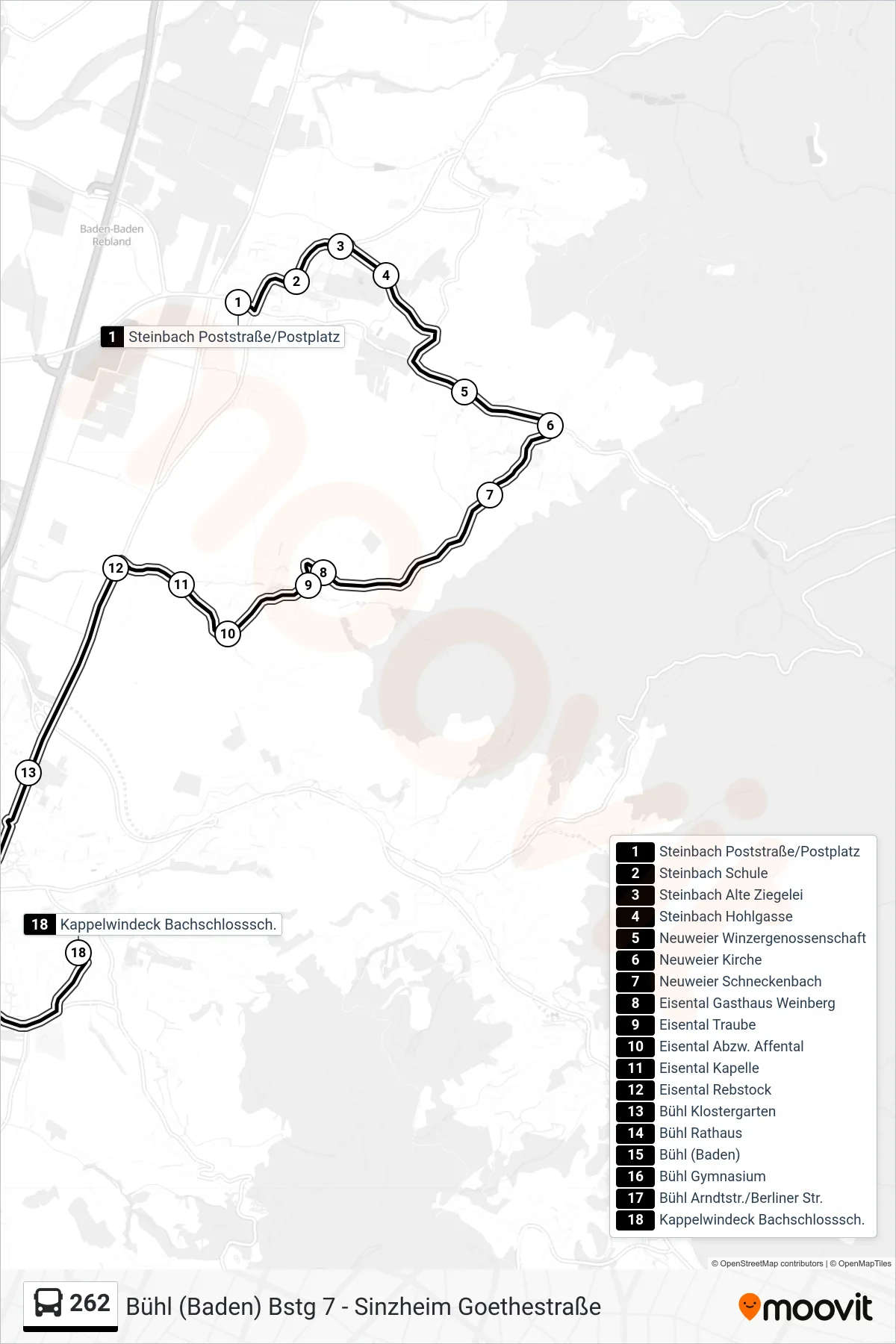 262 tram Line (Kappelwindeck Bachschlosssch.) route and stops on a map