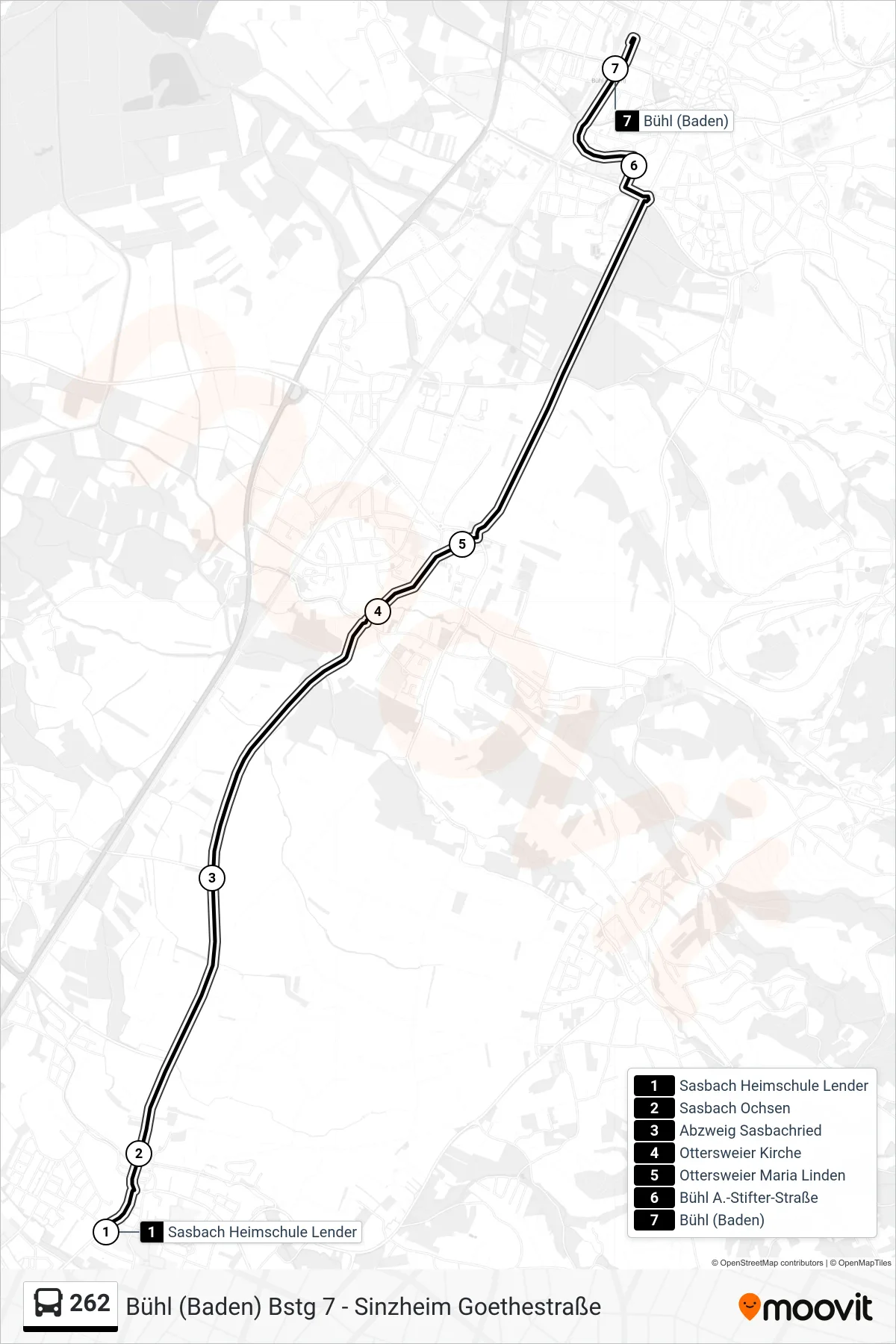 Linie 262 (Tram) Richtung Bühl (Baden): Route und Haltestellen auf der Karte