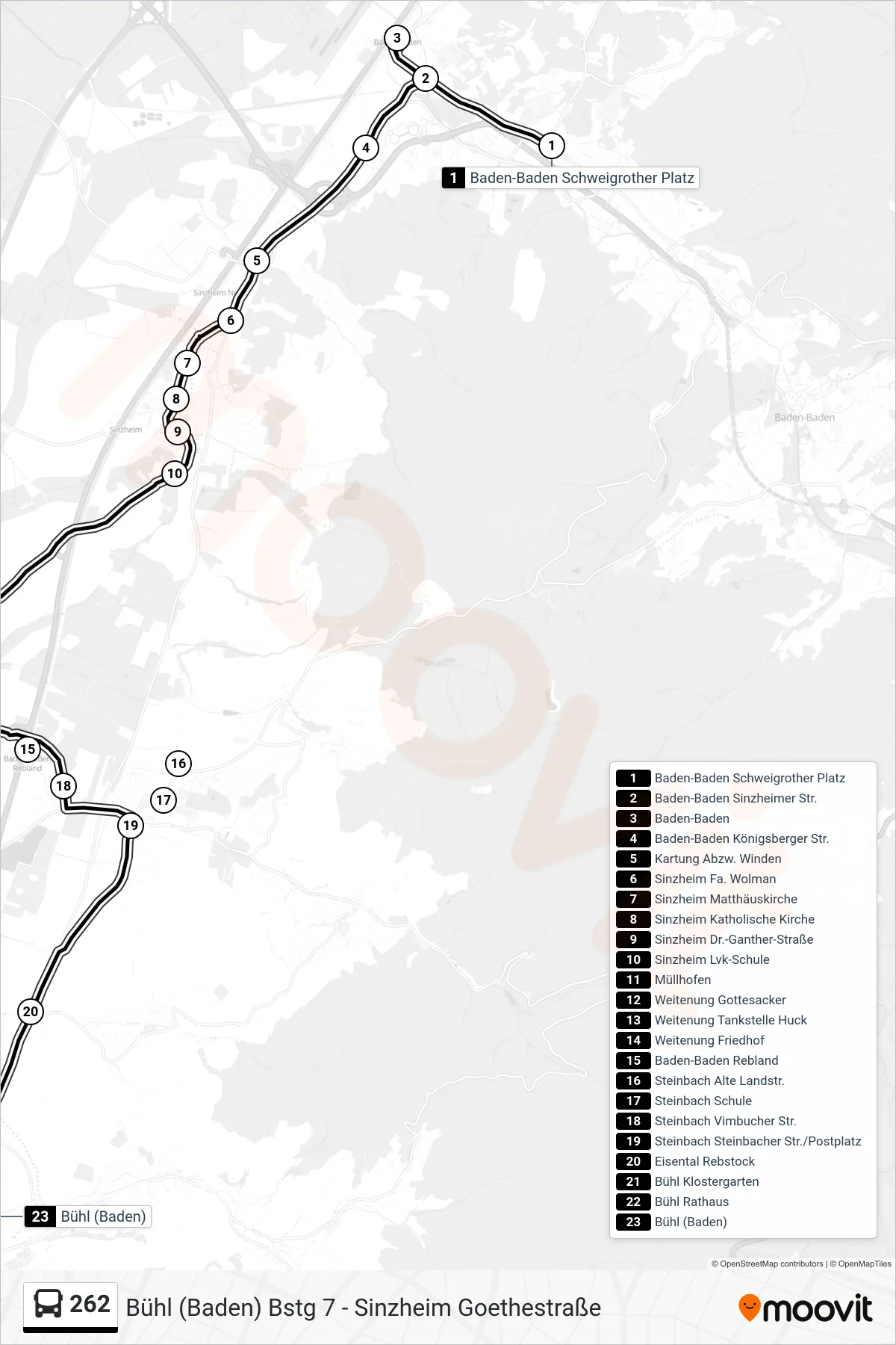 262 tram Line (Bühl (Baden)) route and stops on a map